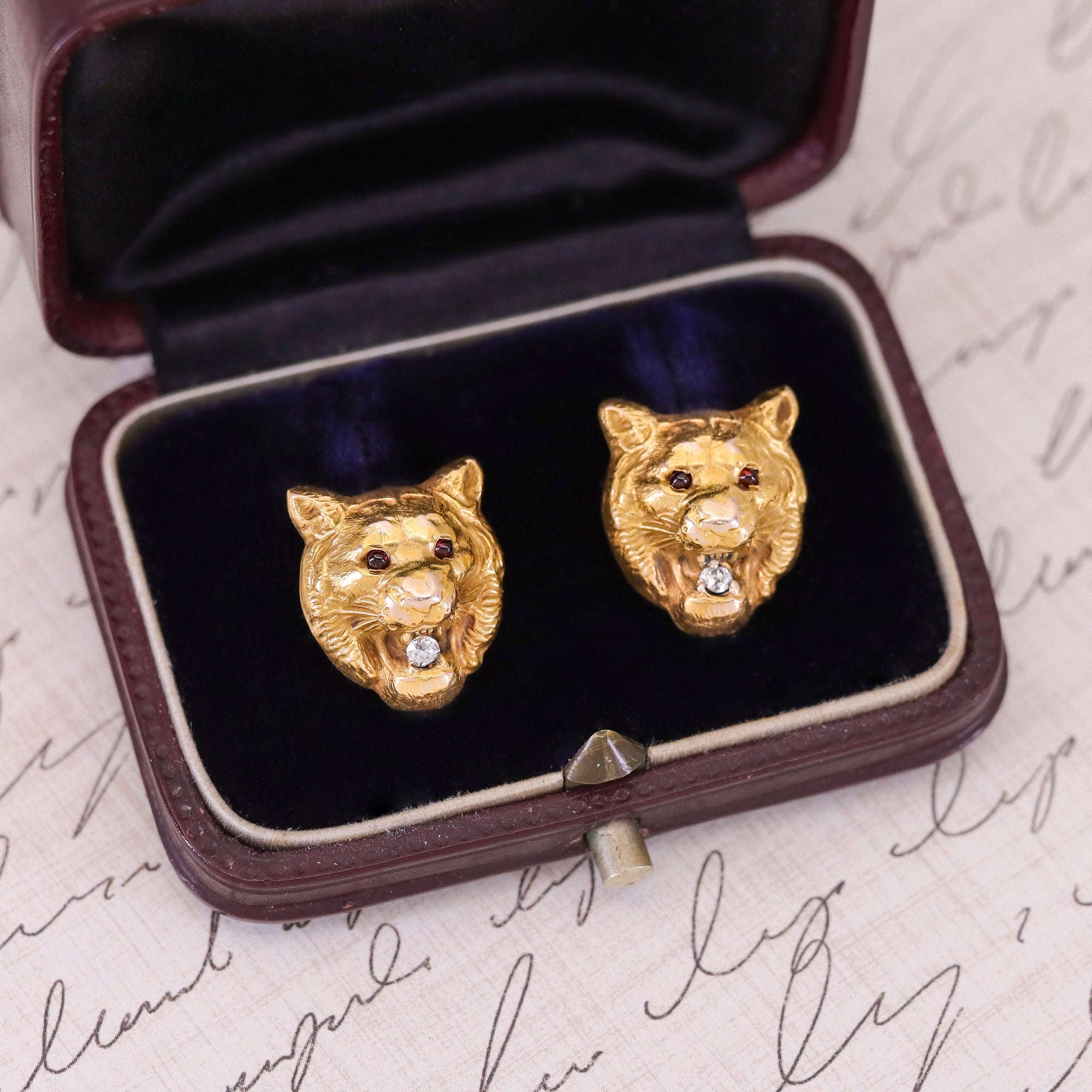 Antique Tiger Conversion Earrings of 14k Gold