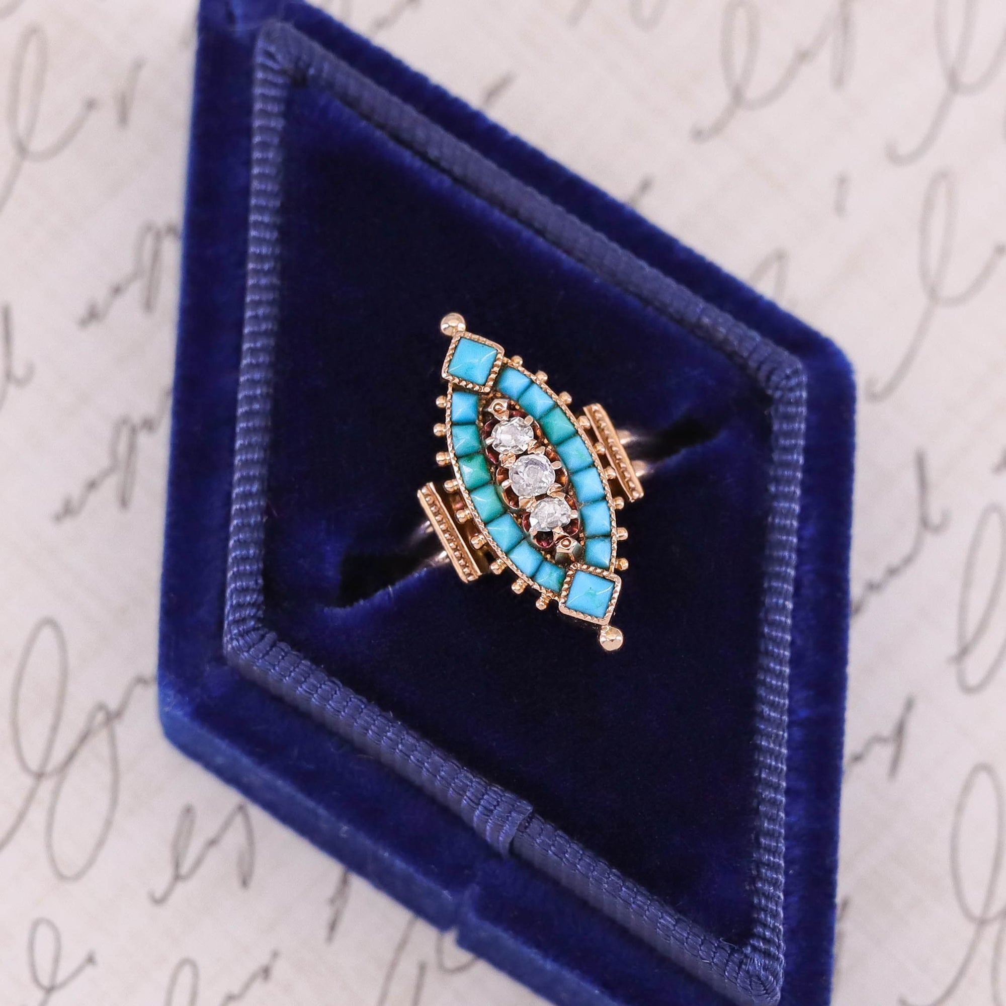 Antique Turquoise and Diamond Ring of 14k Gold