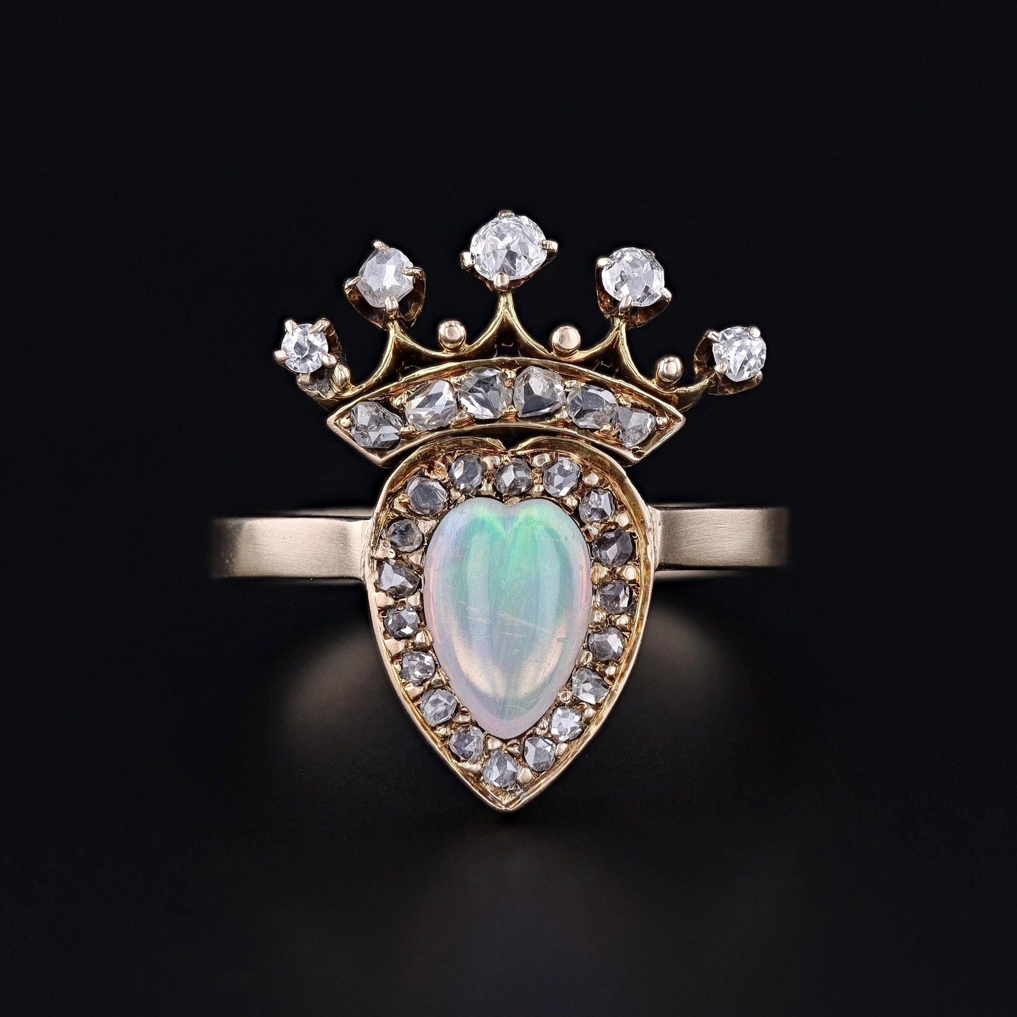 Antique Opal and Diamond Heart Conversion Ring of 14k Gold