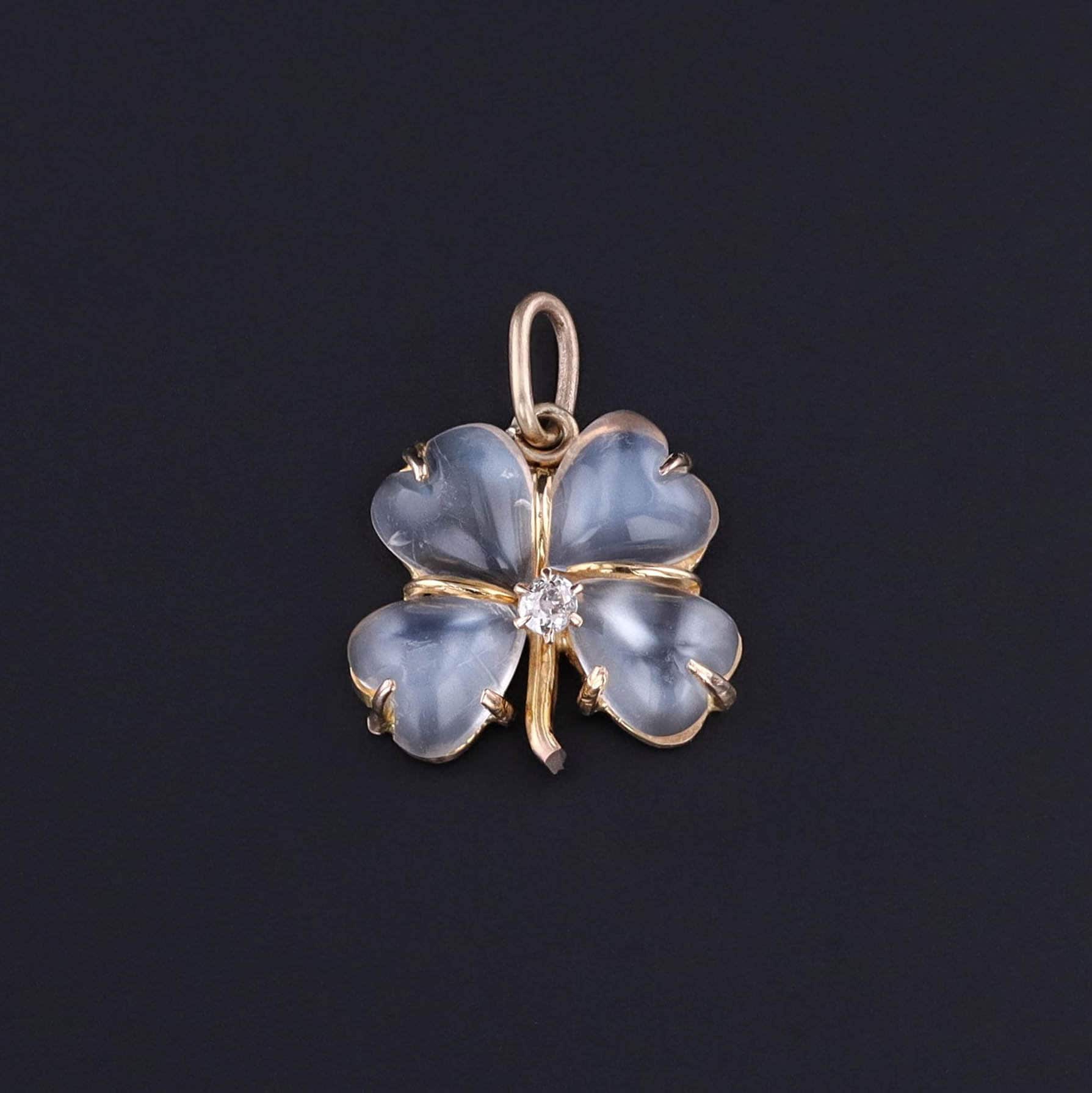 Antique Moonstone and Diamond Clover Charm of 14k Gold