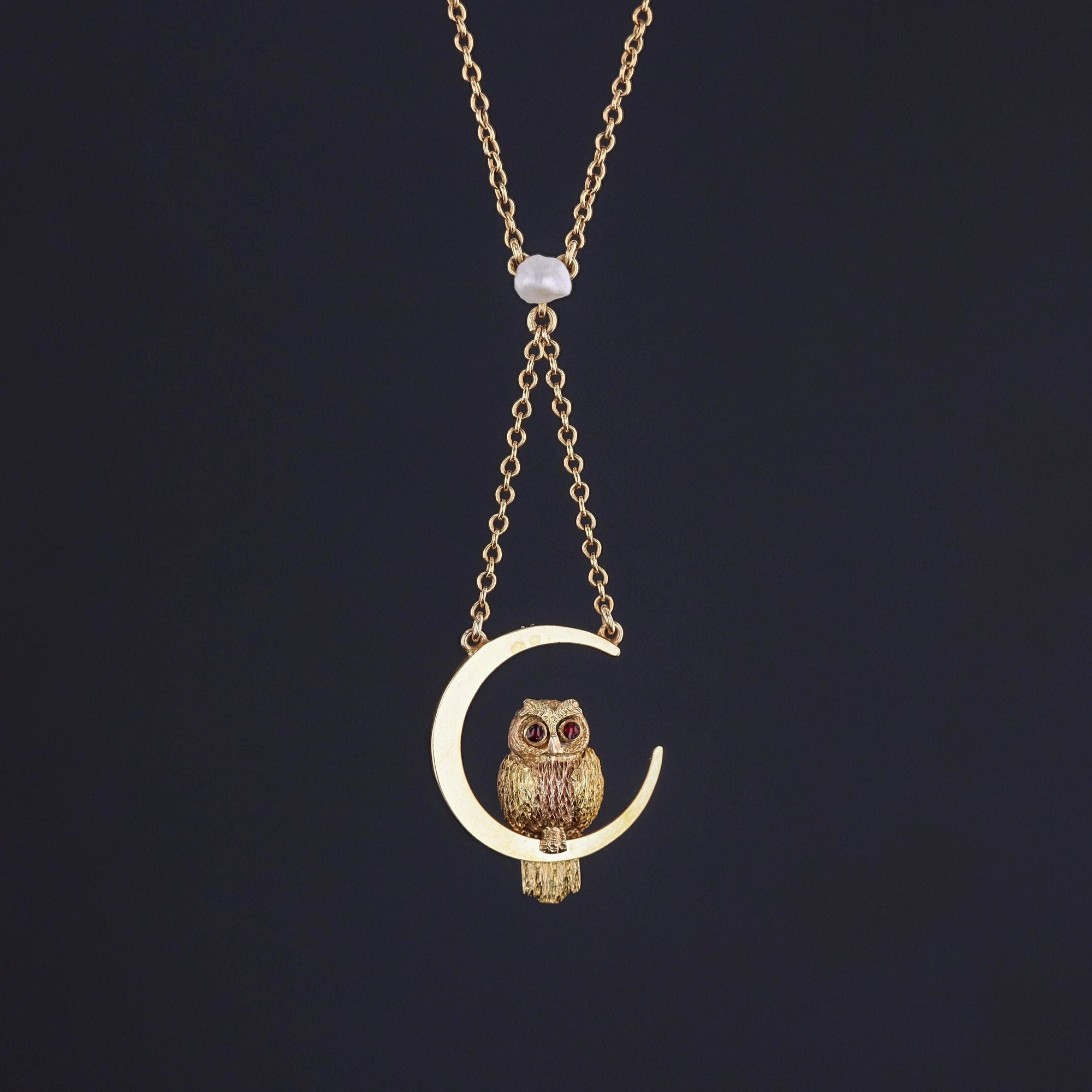Antique Owl on Moon Necklace of 9ct Gold