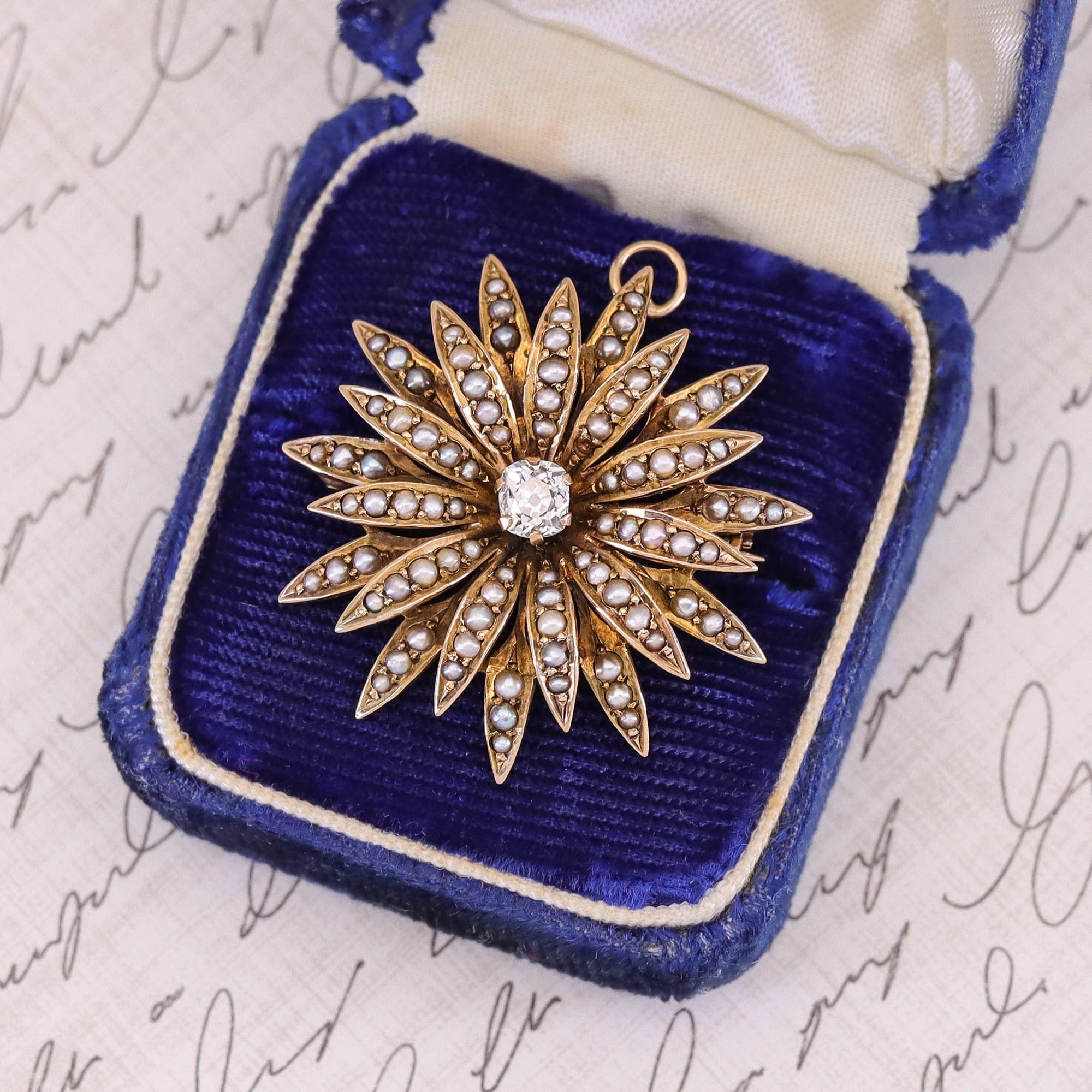 Antique Diamond Flower Brooch or Pendant of 10k Gold
