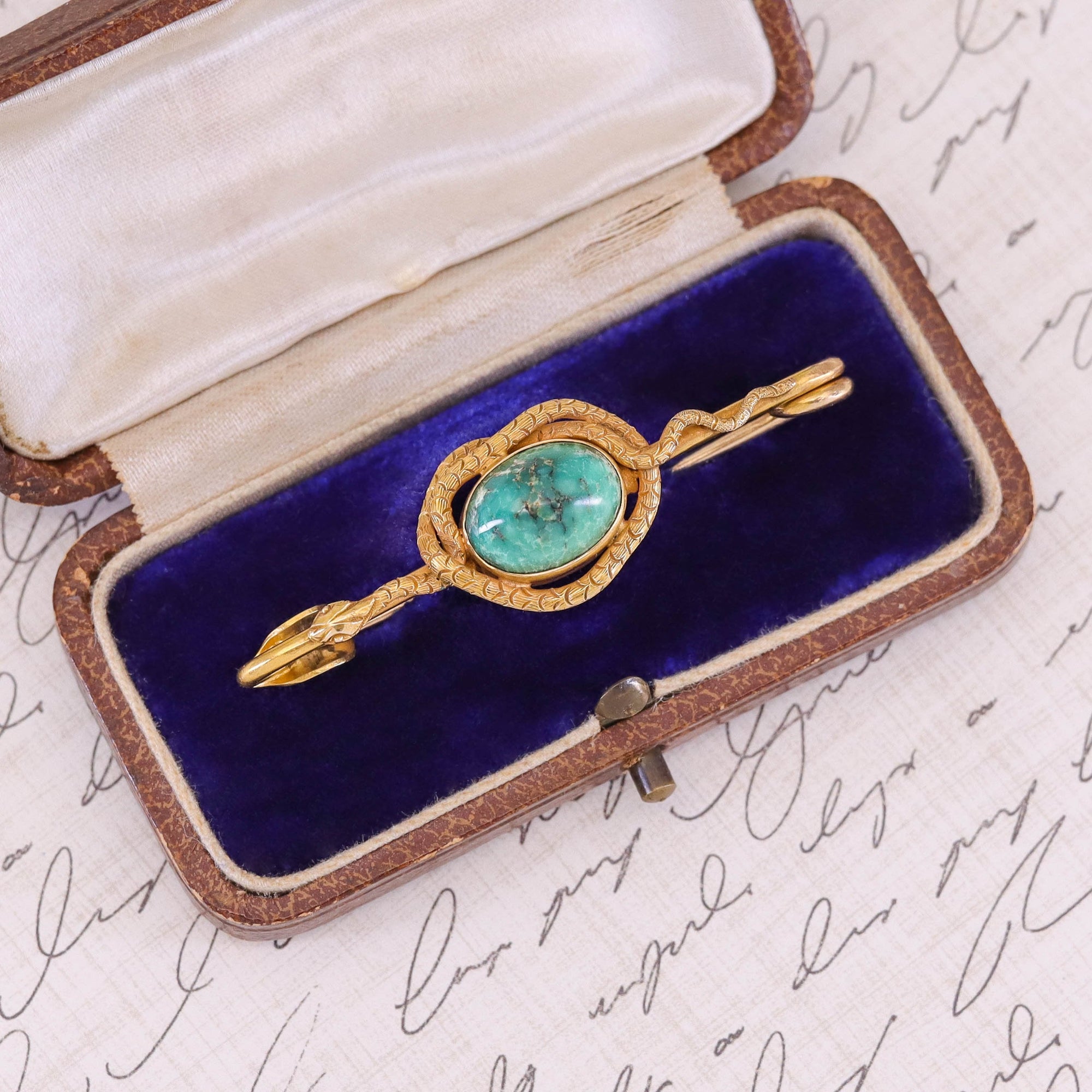 Antique Turquoise Snake Brooch of 14k Gold