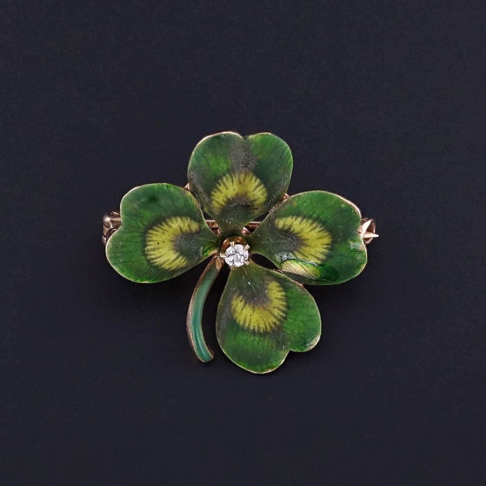 Antique Enamel Clover Brooch of 14k Gold