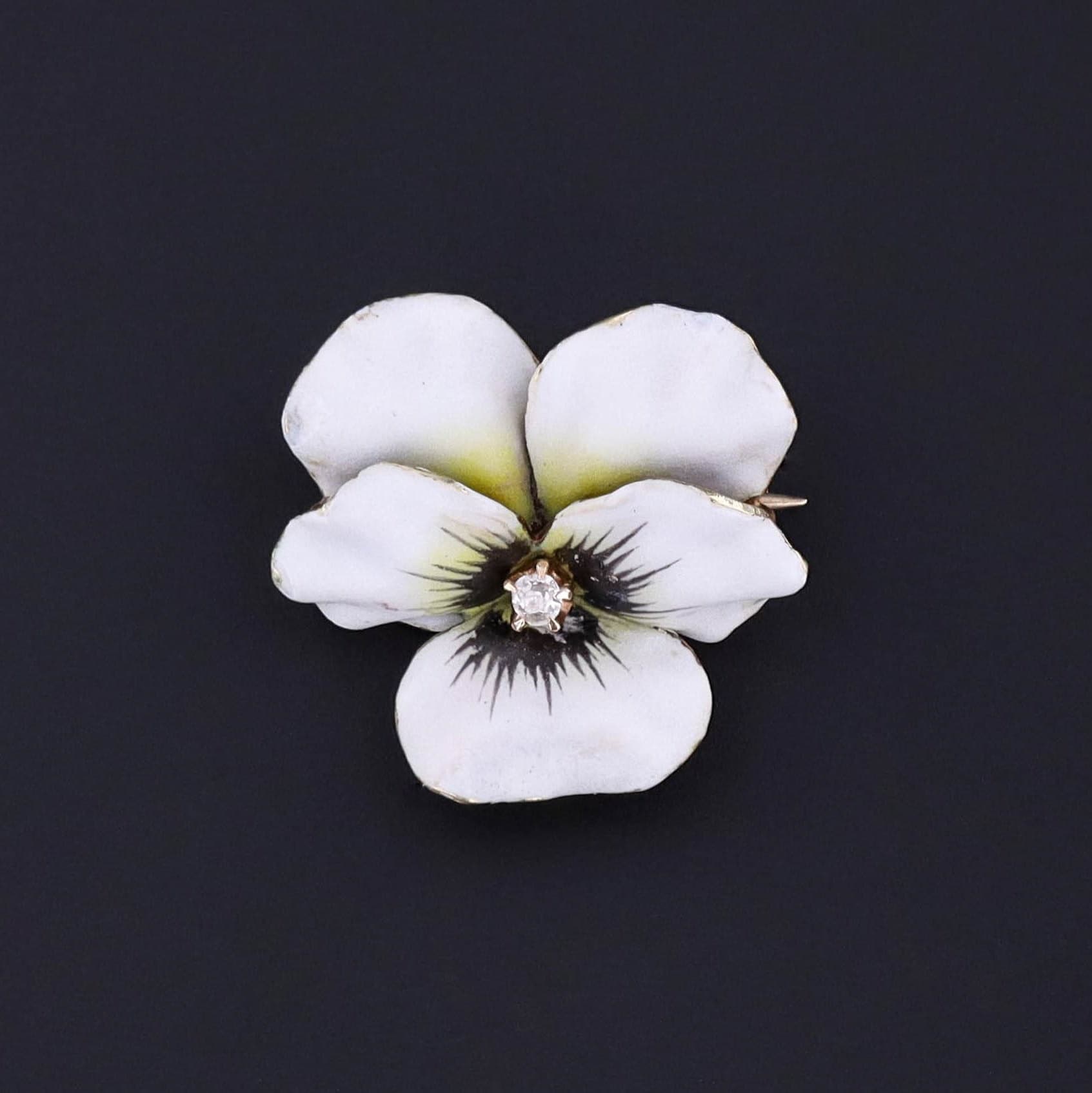 Antique White Enamel Pansy Brooch of 14k Gold