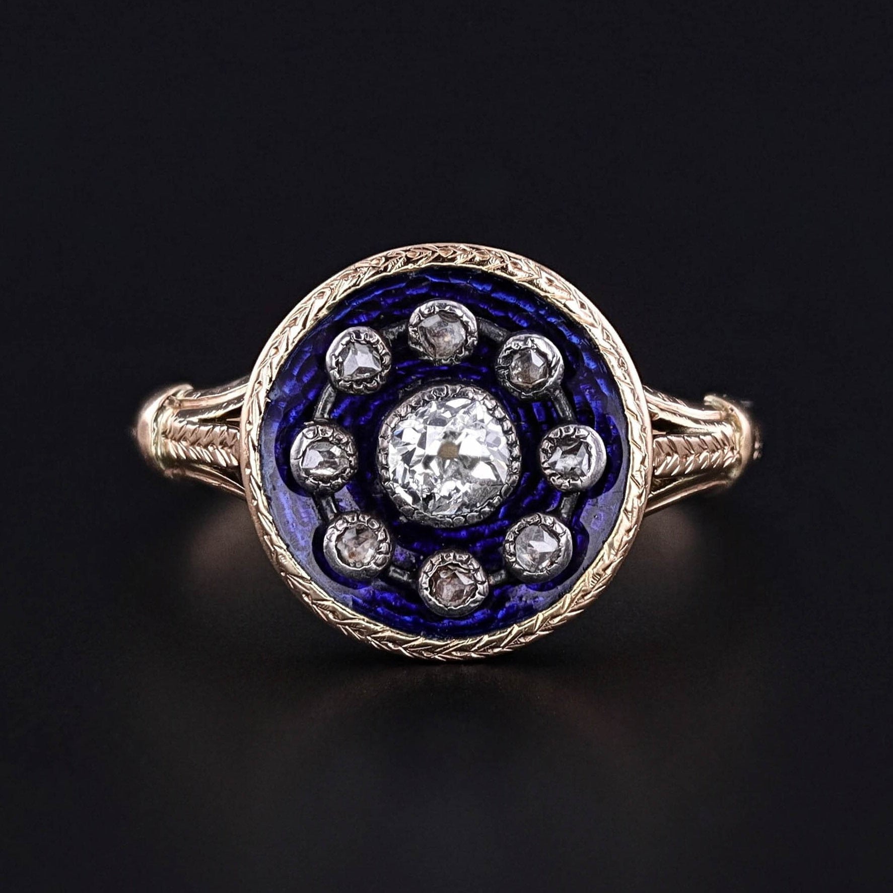 Antique Blue Enamel and Diamond Ring of 18k Gold