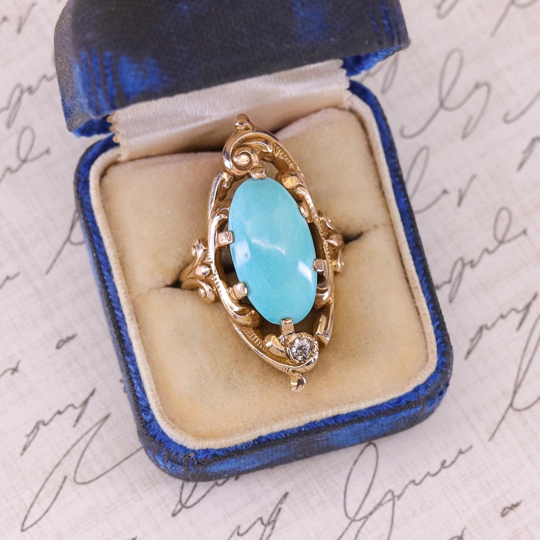 Antique Turquoise and Diamond Ring of 10k Gold