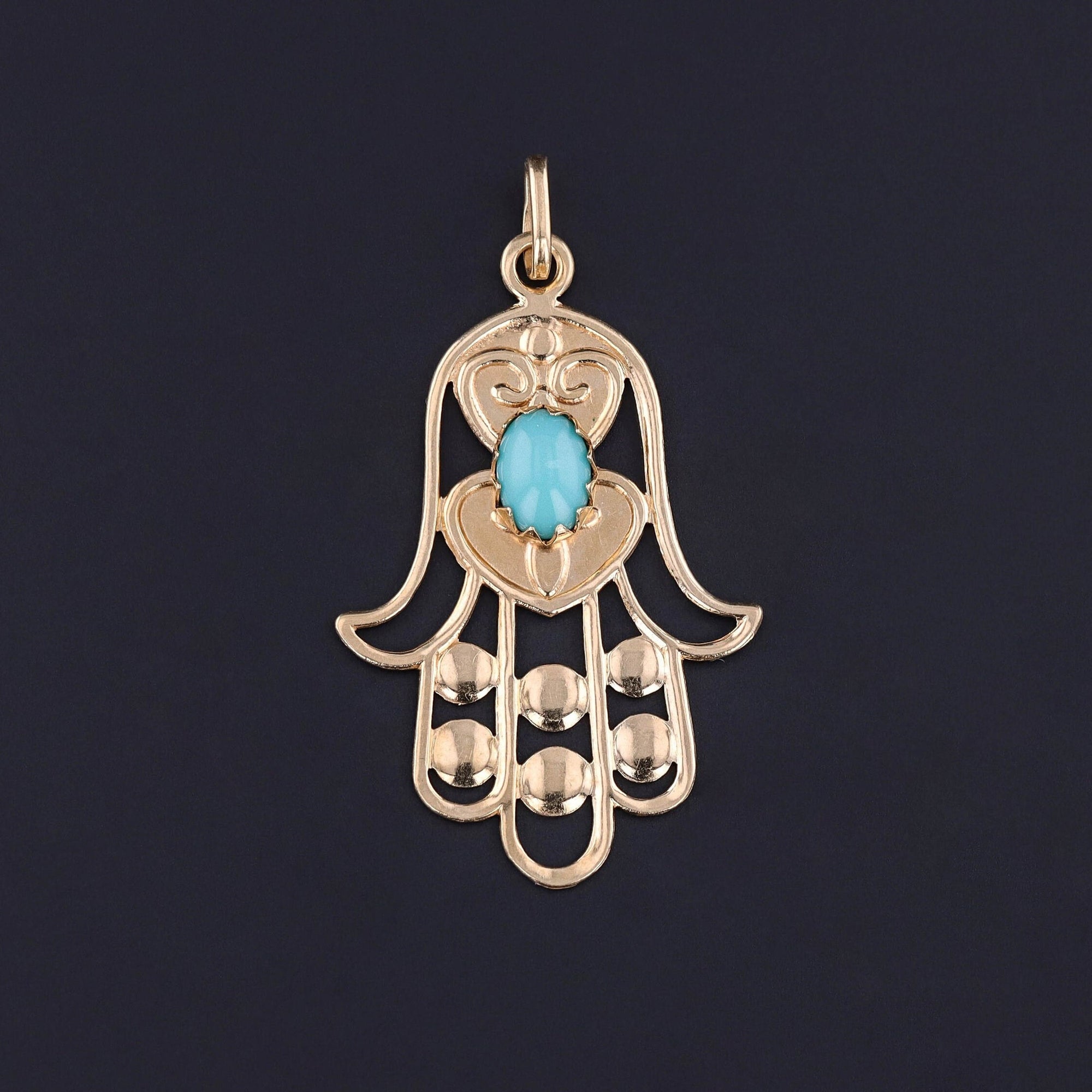 Vintage Turquoise Hamsa Pendant of 18k Gold