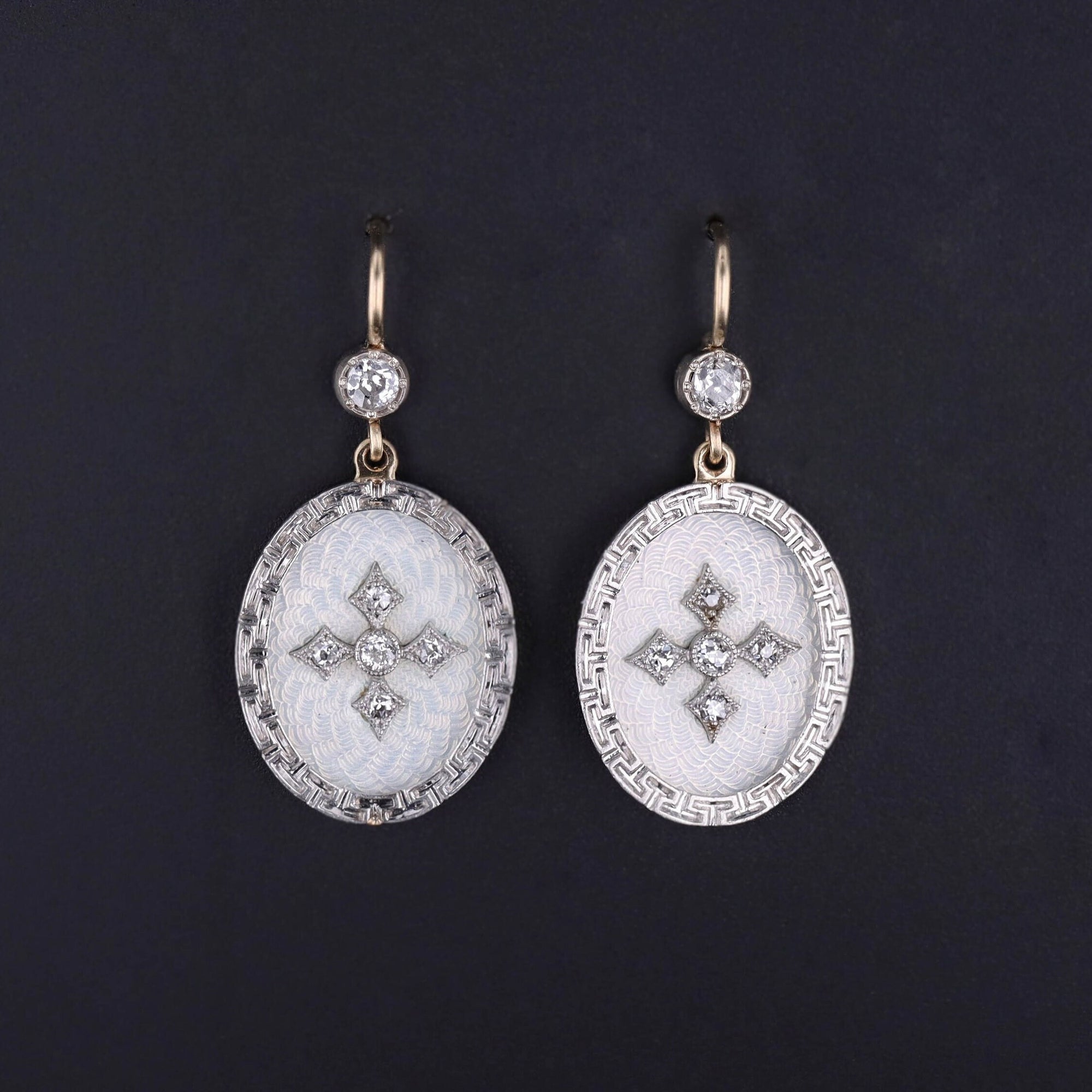 Antique Guilloche Enamel and Diamond Conversion Earrings