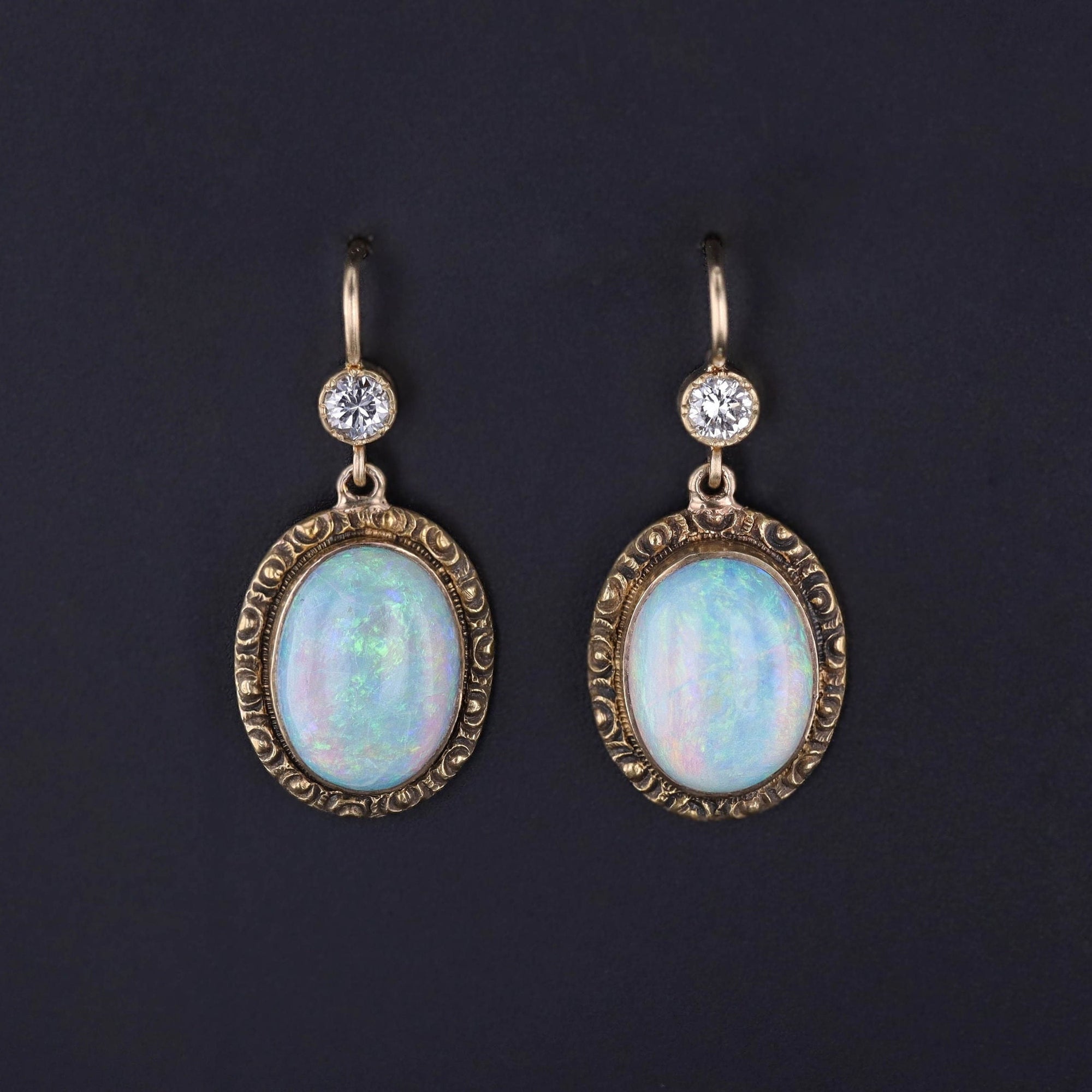 Antique Opal and Diamond Conversion Earrings of 14k Gold