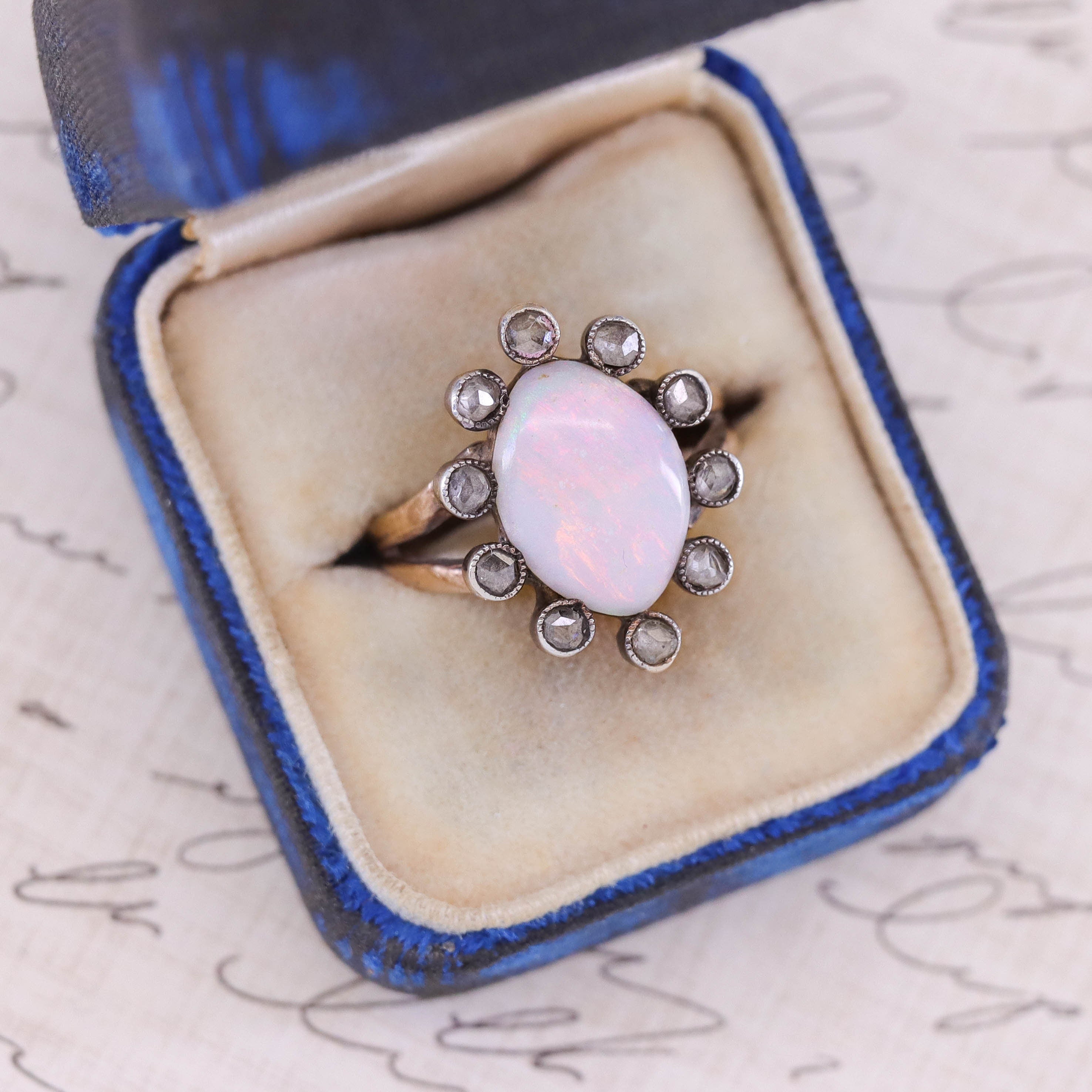 Antique Opal Ring Victorian Era Crystal Jelly w/ Diamonds