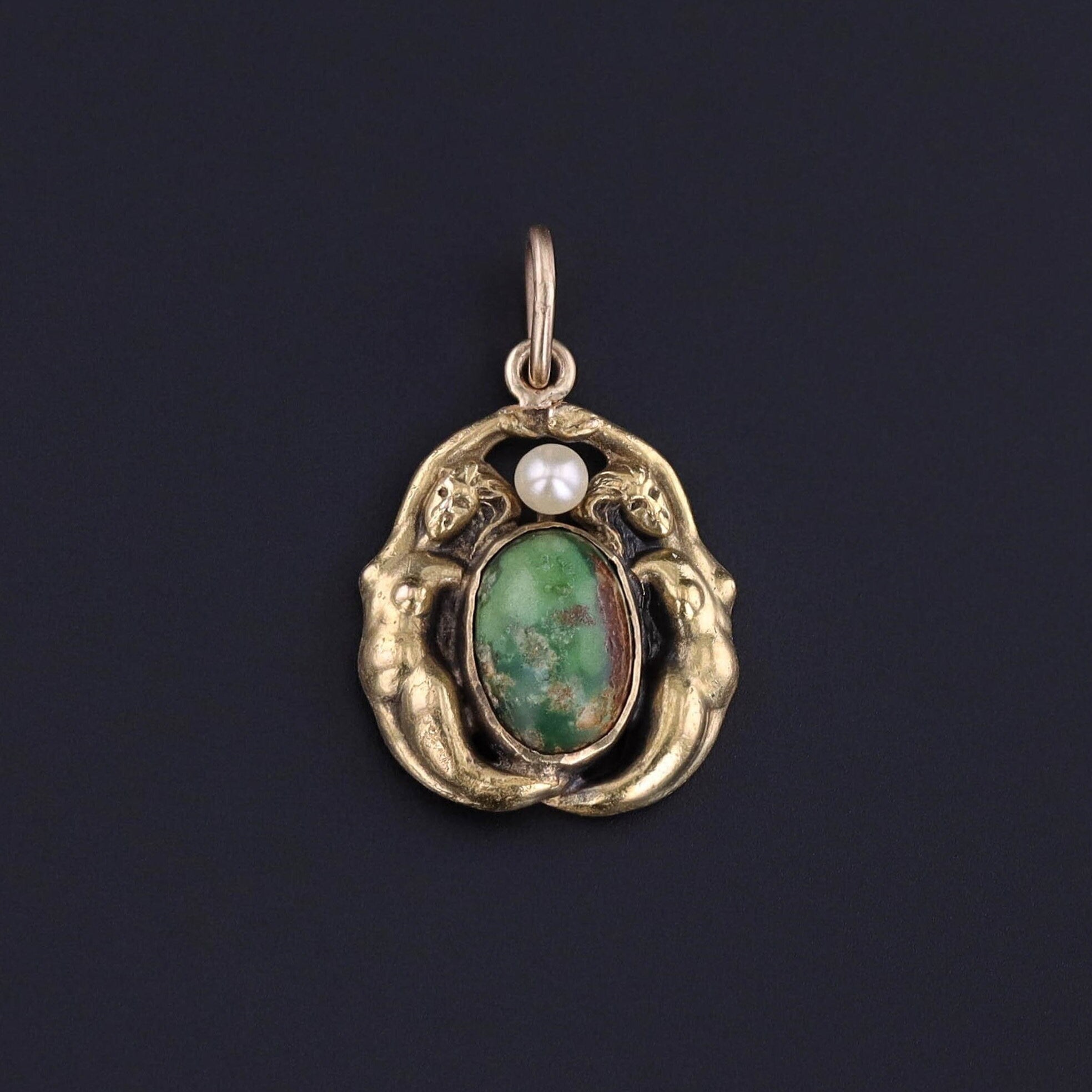 Antique Turquoise Woman or Mermaid Charm of 14k Gold