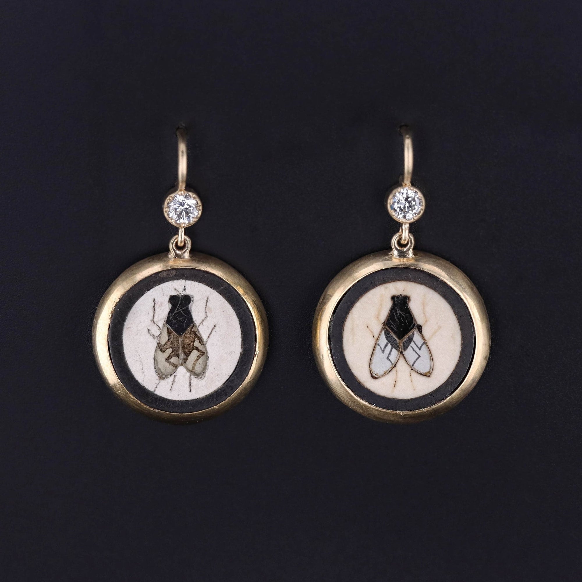 Antique Pietra Dura Fly Earrings of 14k Gold