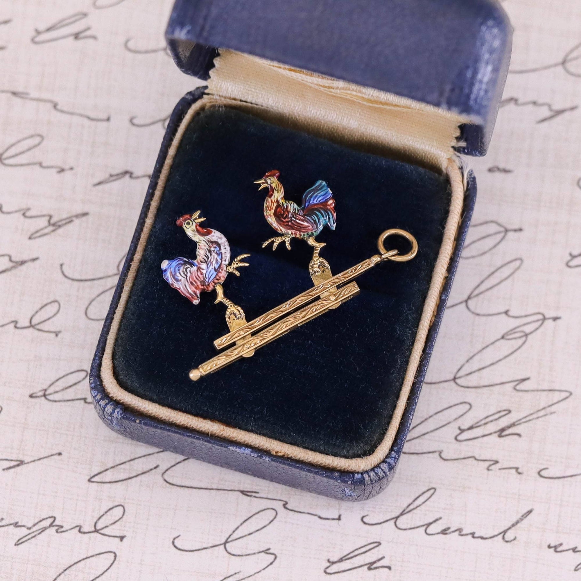 Antique Enamel Moveable Cockfight Pendant of 14k Gold