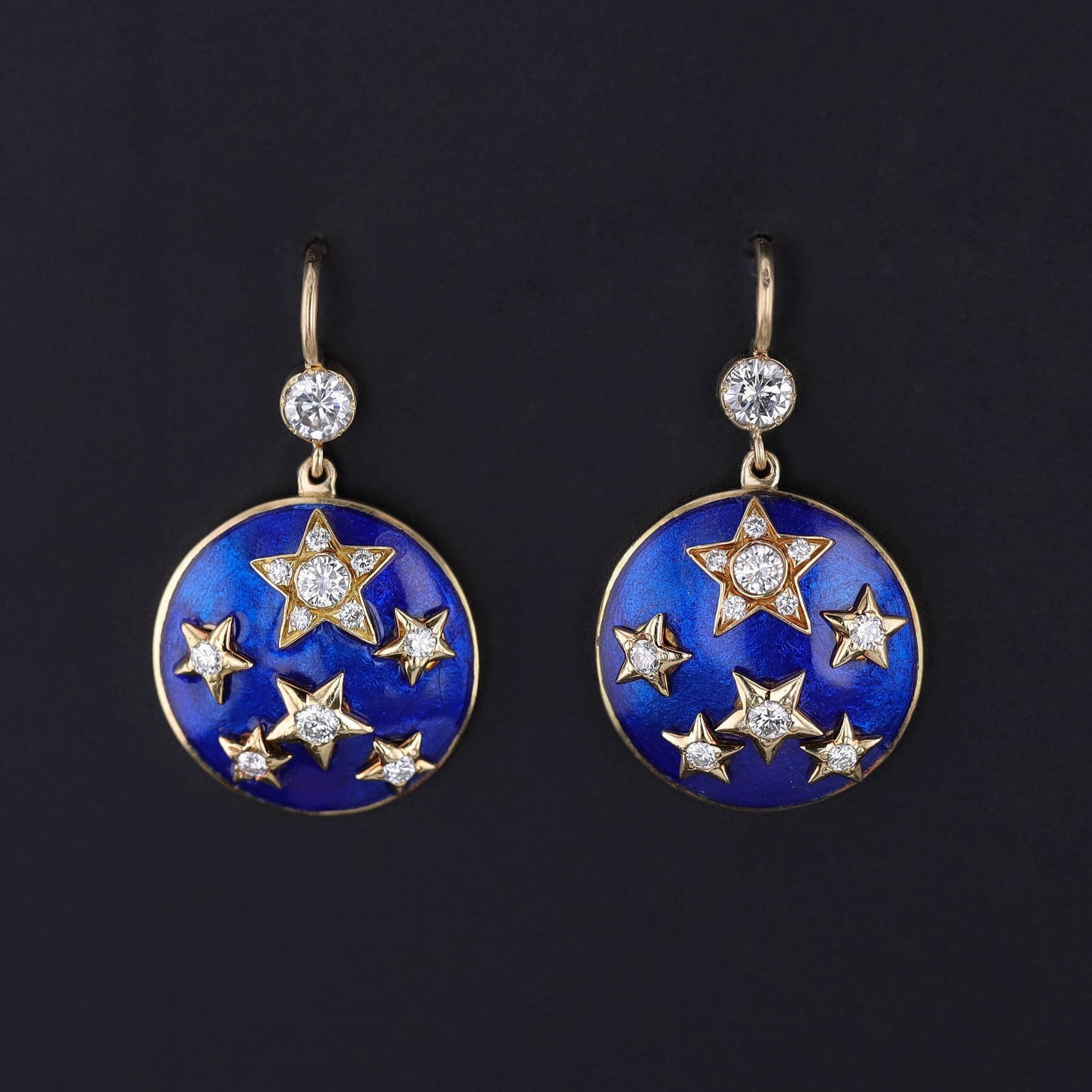 Vintage Enamel and Diamond Star Earrings of 18k Gold