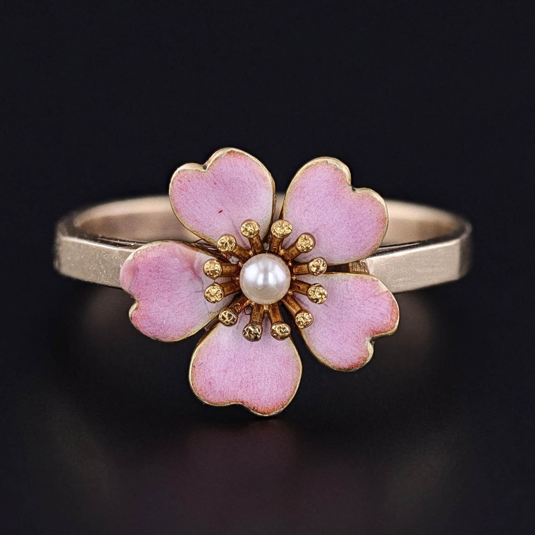 Antique Pink Enamel Flower Ring of 14k Gold
