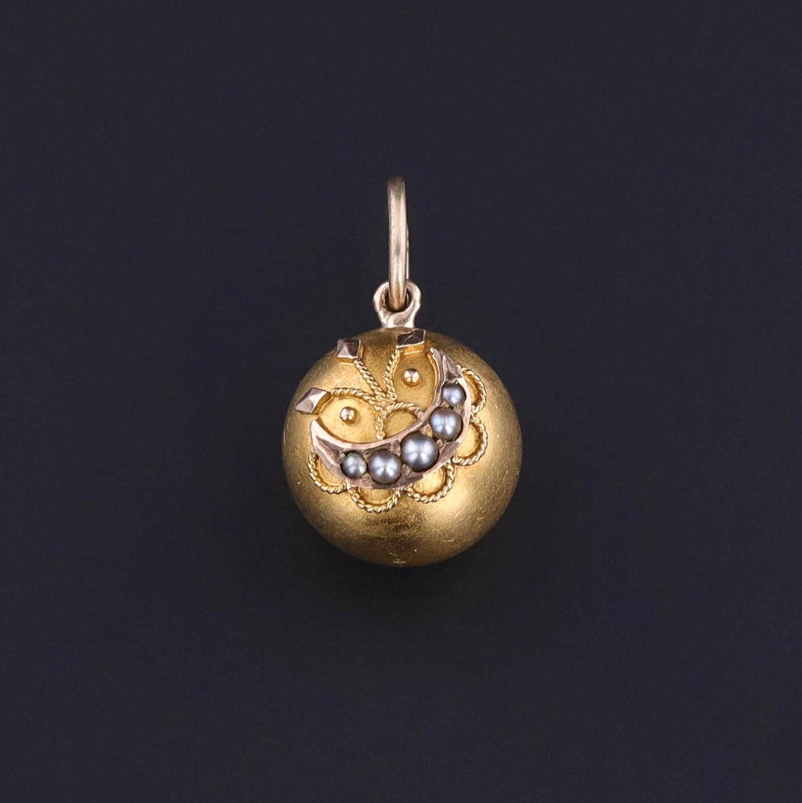 Antique Crescent Moon Orb Charm of 14k Gold