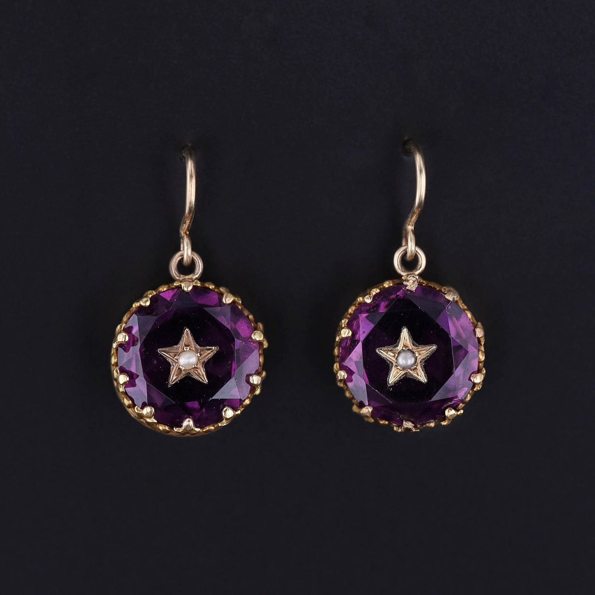 Antique Purple Glass Star Earrings of 14k Gold