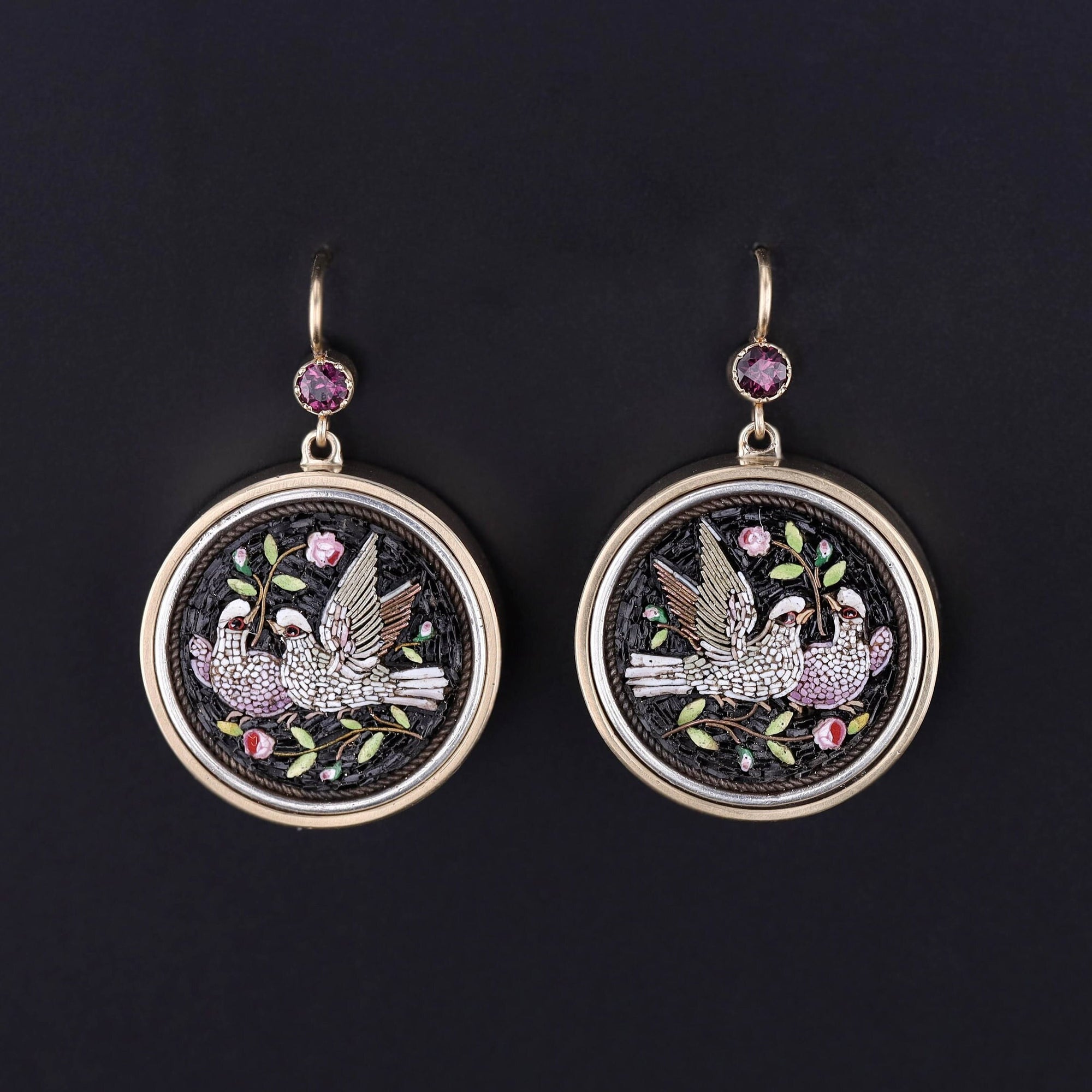 Antique Micromosaic Dove Earrings of 14k Gold