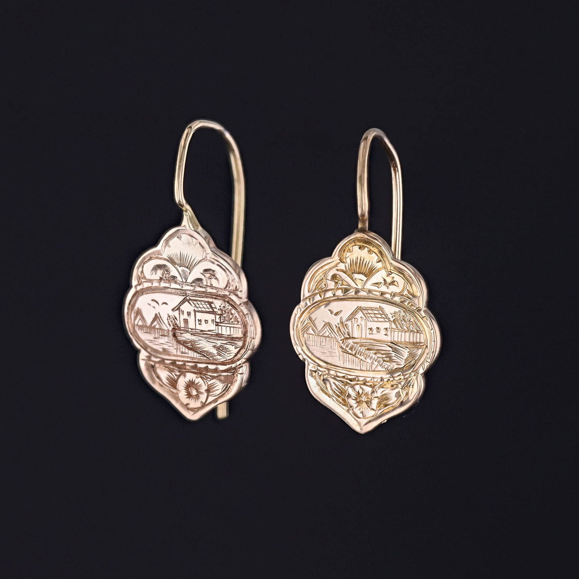 Hand Etched Victorian Earrings of 14k Gold