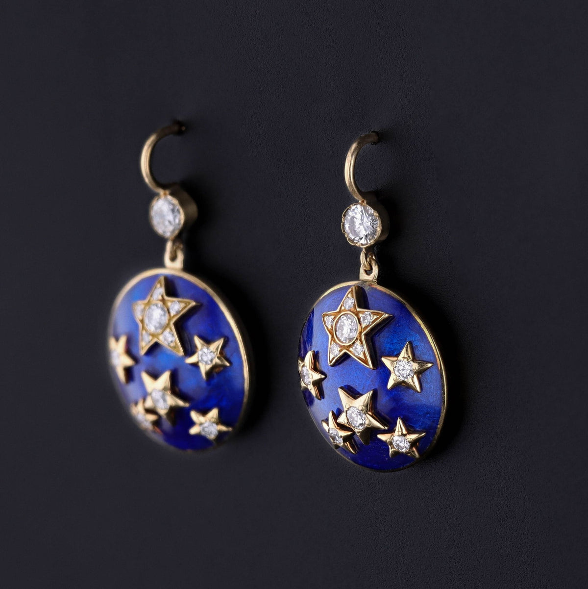 Vintage Enamel and Diamond Star Earrings of 18k Gold