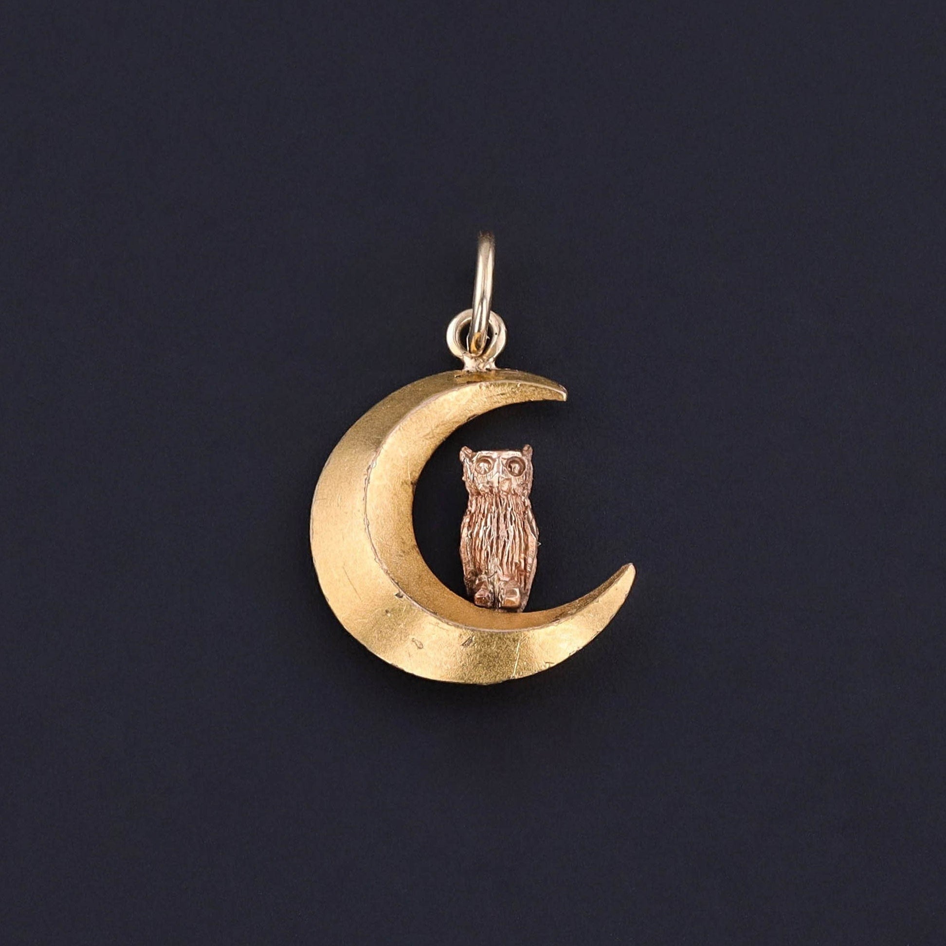 Antique Owl on Crescent Charm of 14k Gold