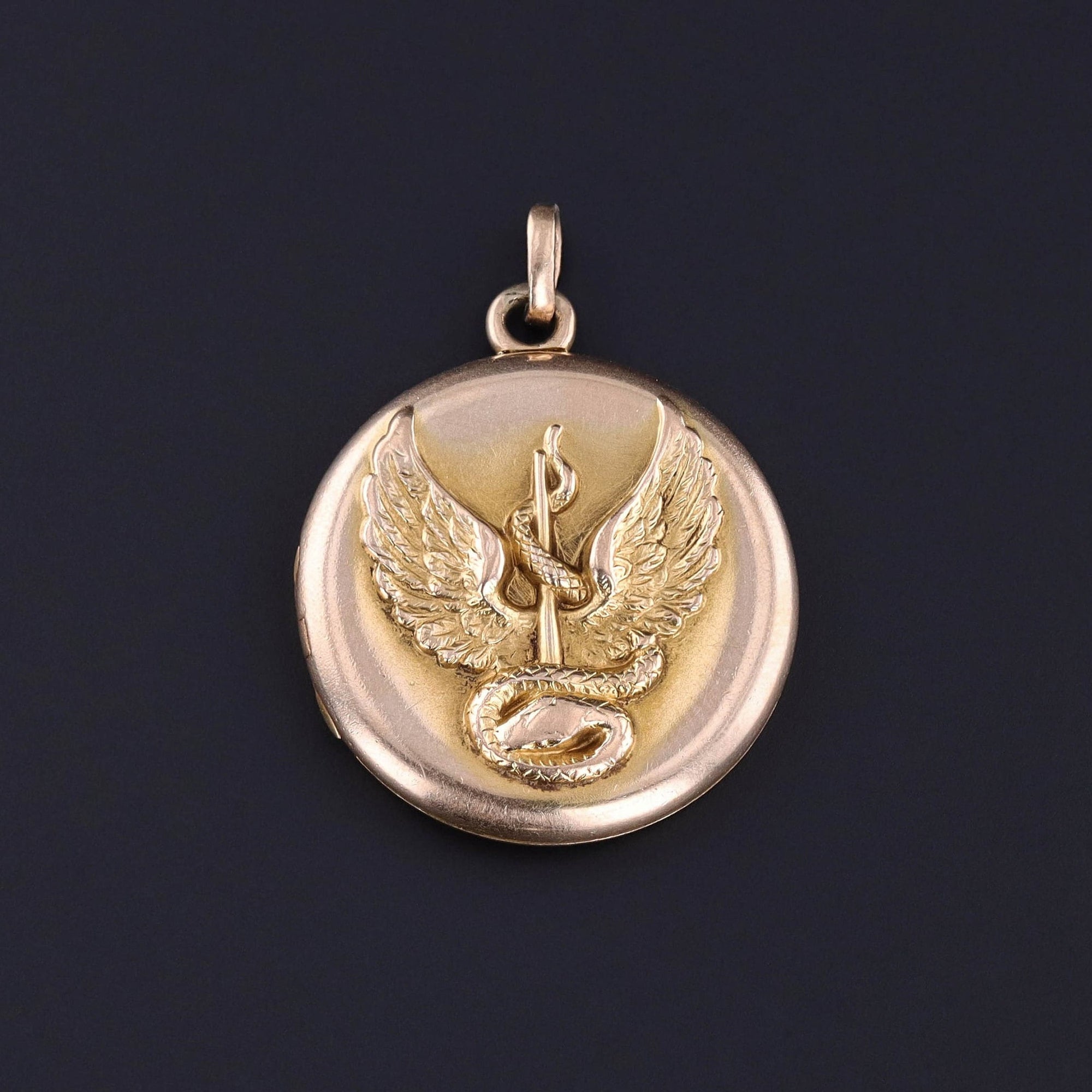 Antique Rod of Asclepius Locket of 14k Gold