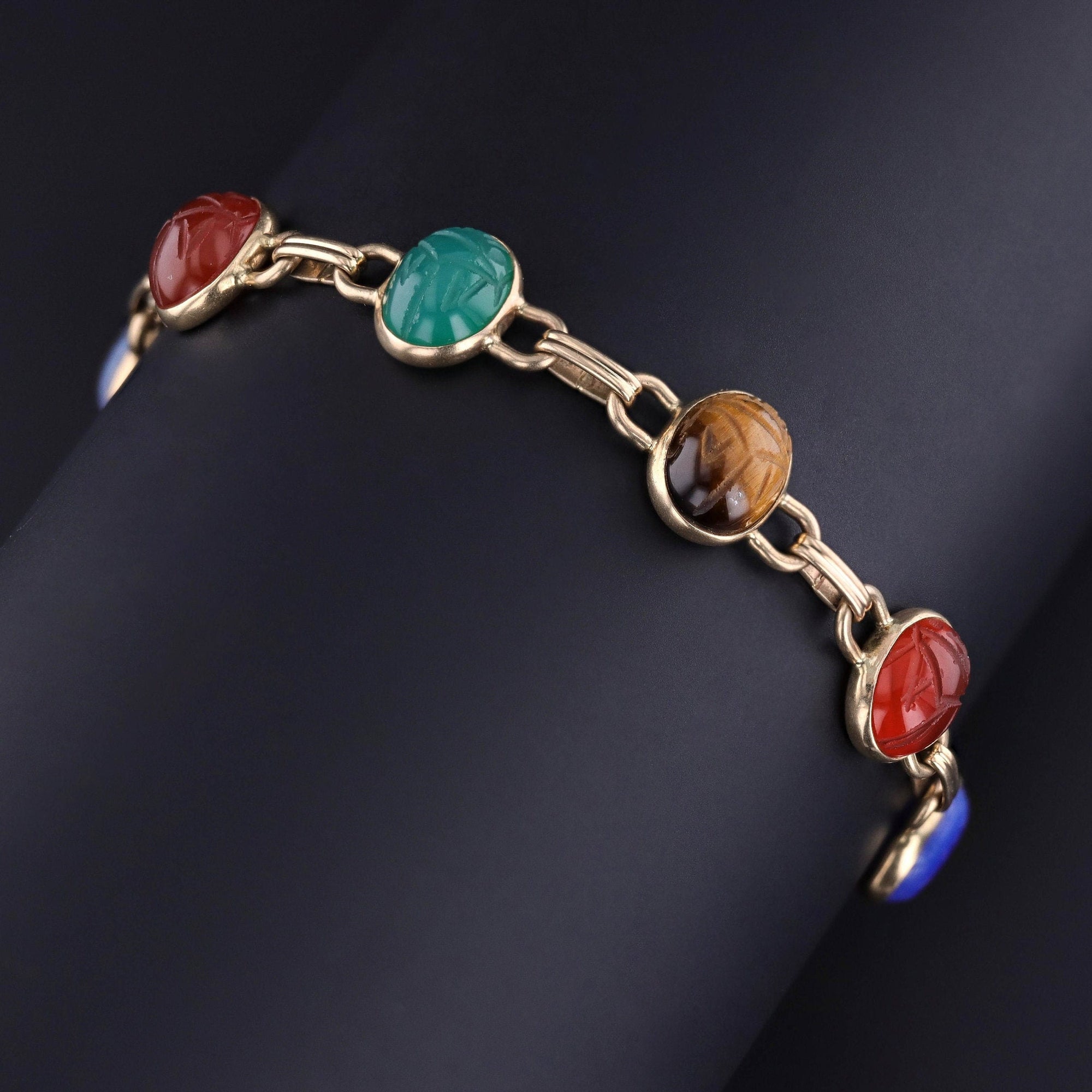Vintage Gemstone Scarab Bracelet of 14k Gold