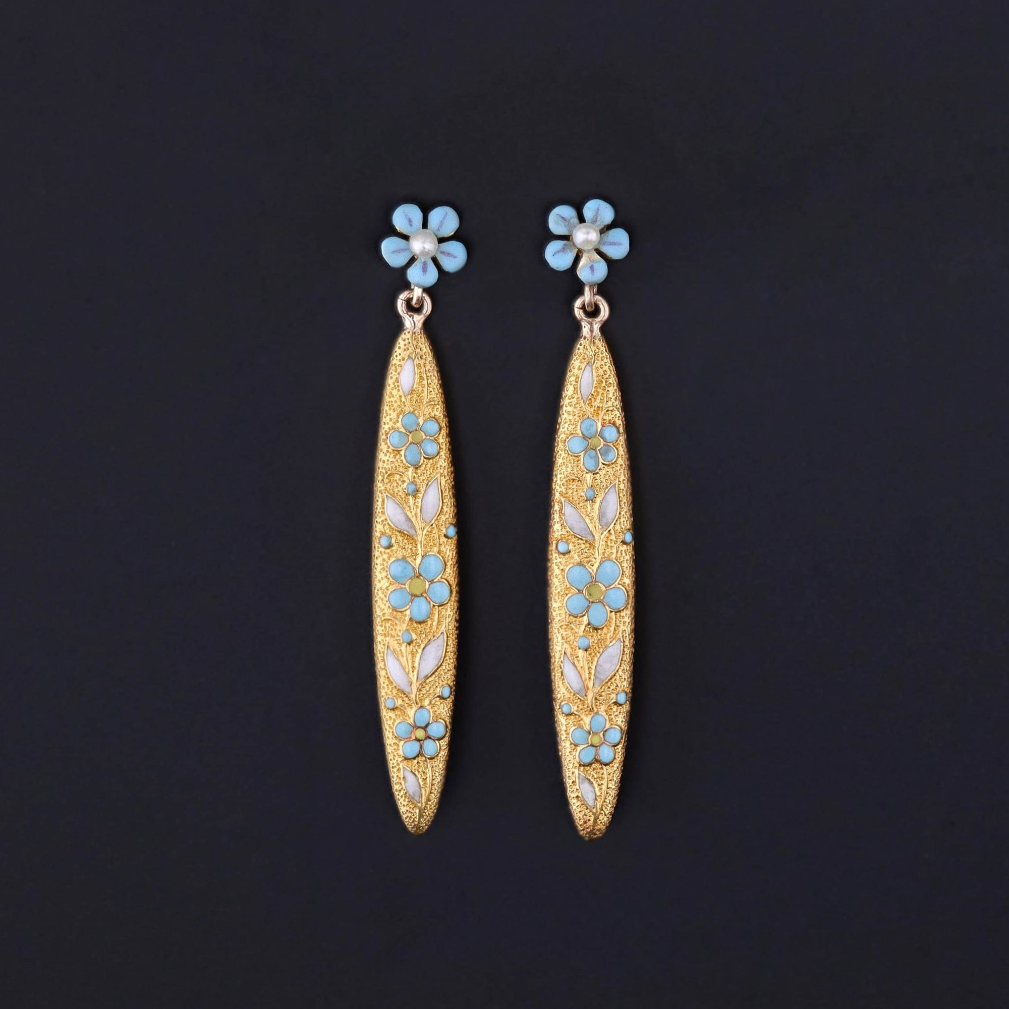 Antique Forget-me-not Flower Earrings of 14k Gold