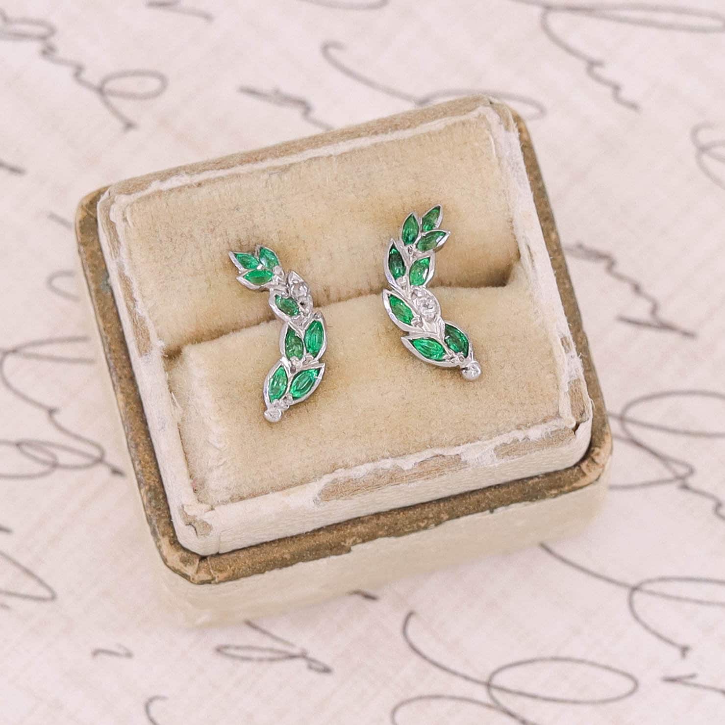 Emerald and Diamond Climber Earrings of 18k White Gold