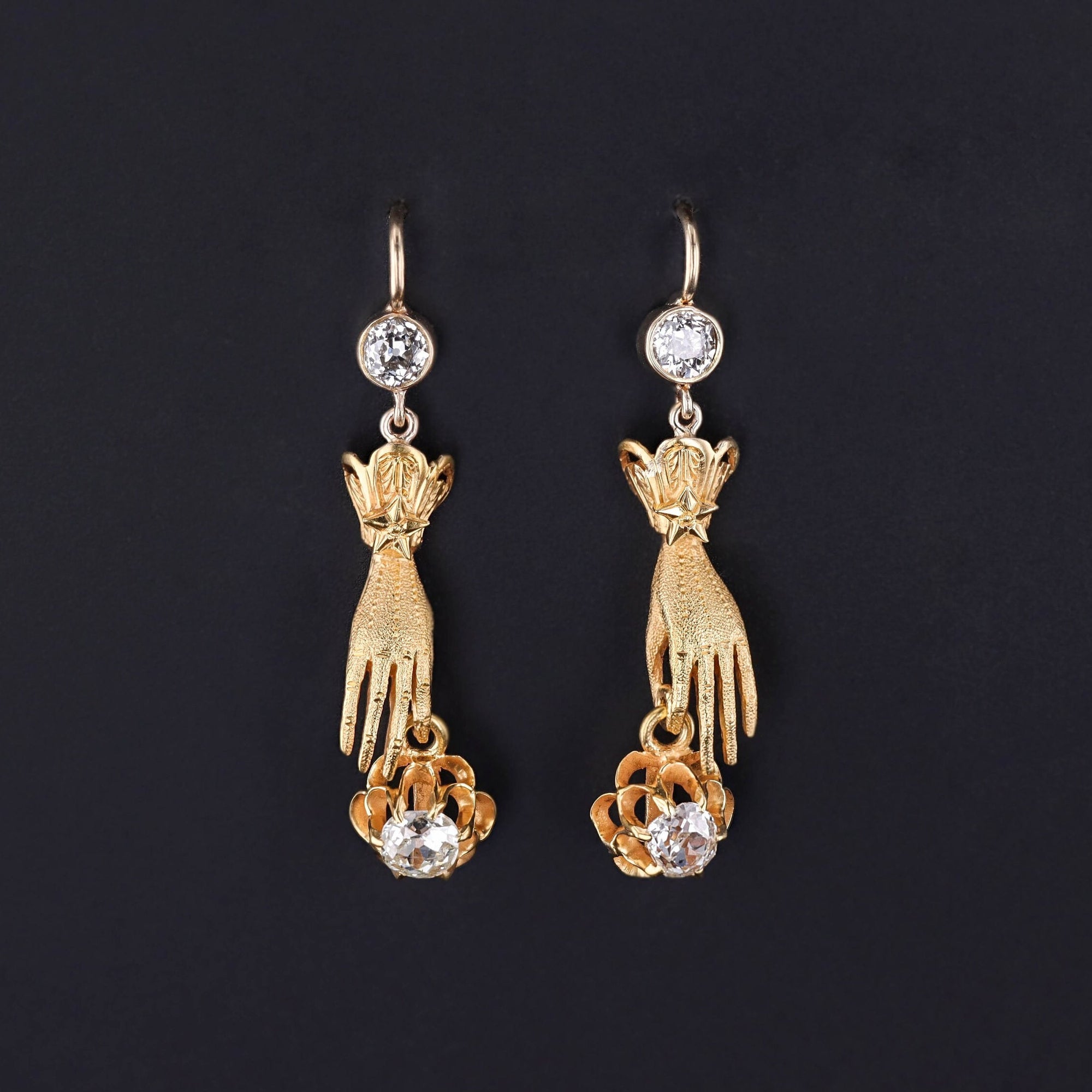 Antique Diamond Hand Earrings of 14k and 18k Gold