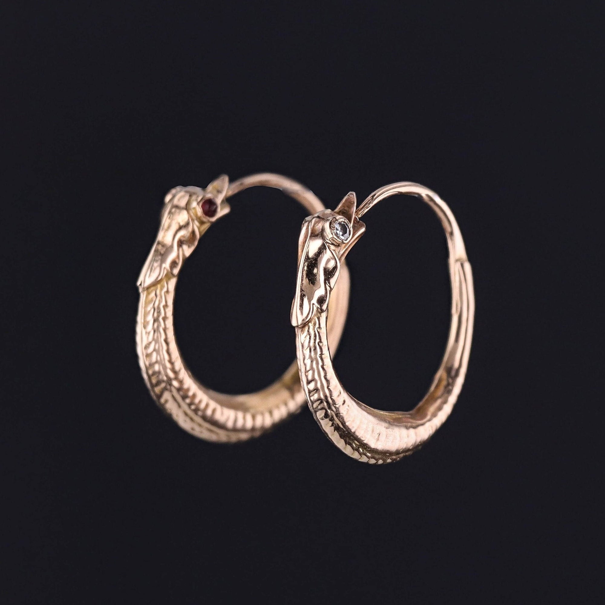 Georgian Ouroboros Hoop Earrings of 14k Gold