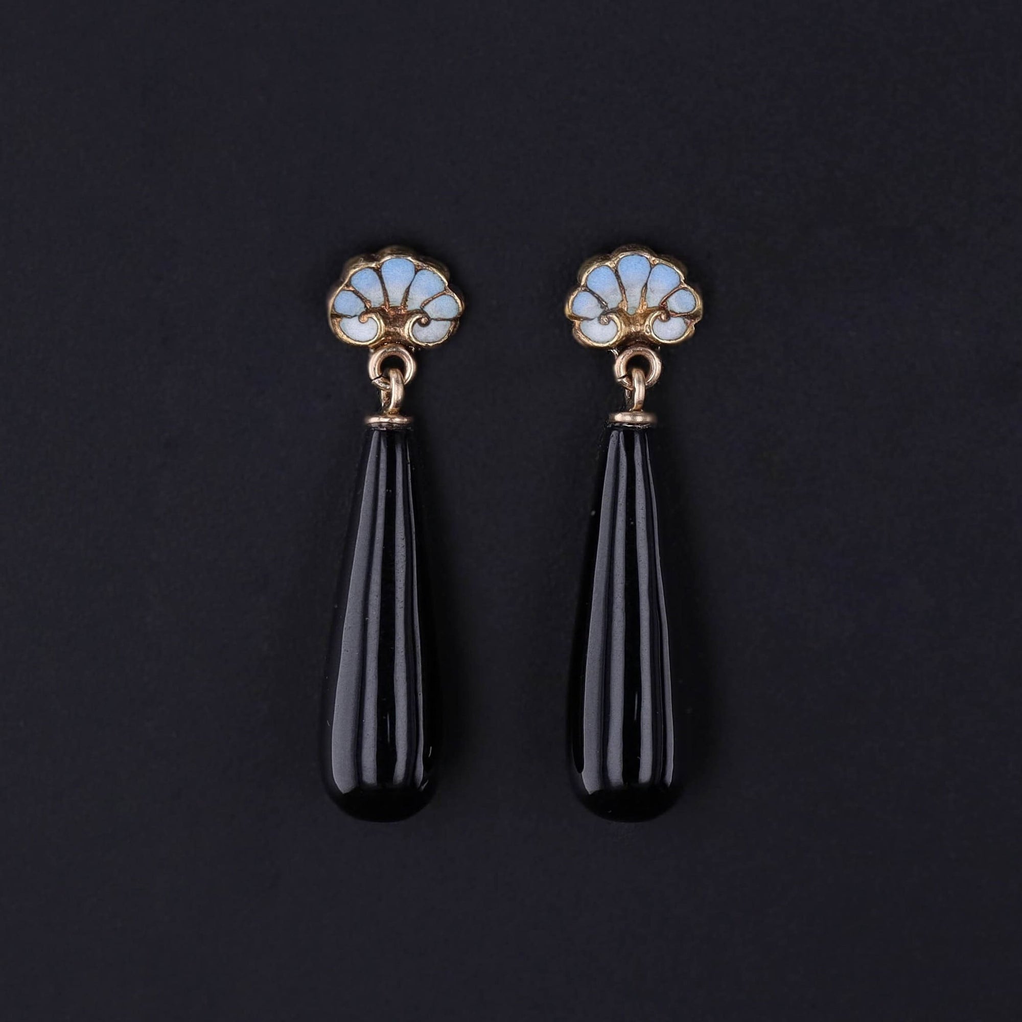 Antique Onyx & Enamel Earrings of 14k Gold