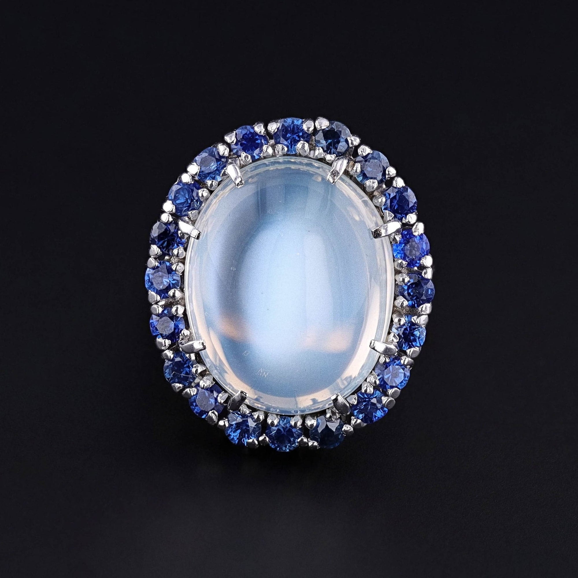 Vintage Moonstone & Sapphire Ring of 14k White Gold