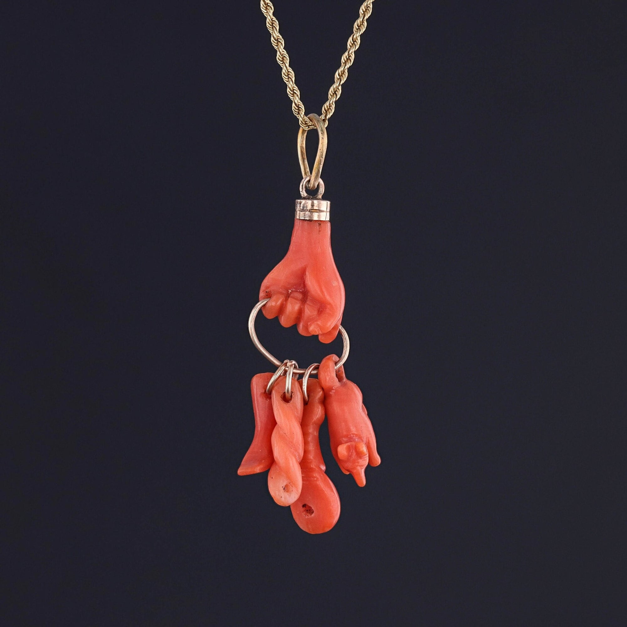 Antique Coral Hand Charm Pendant of 14k Gold