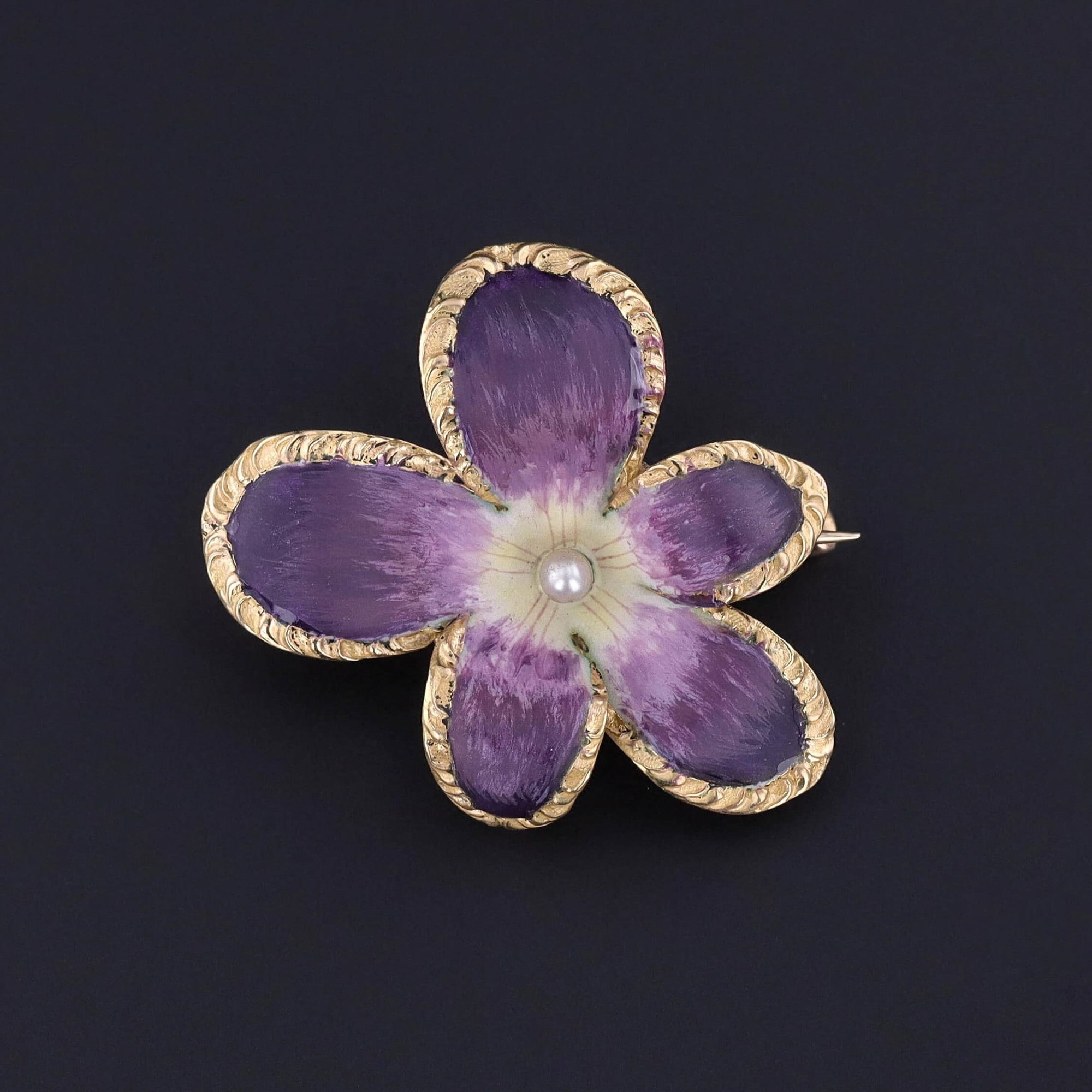 Antique Enamel Violet Pendant Brooch of 14k Gold