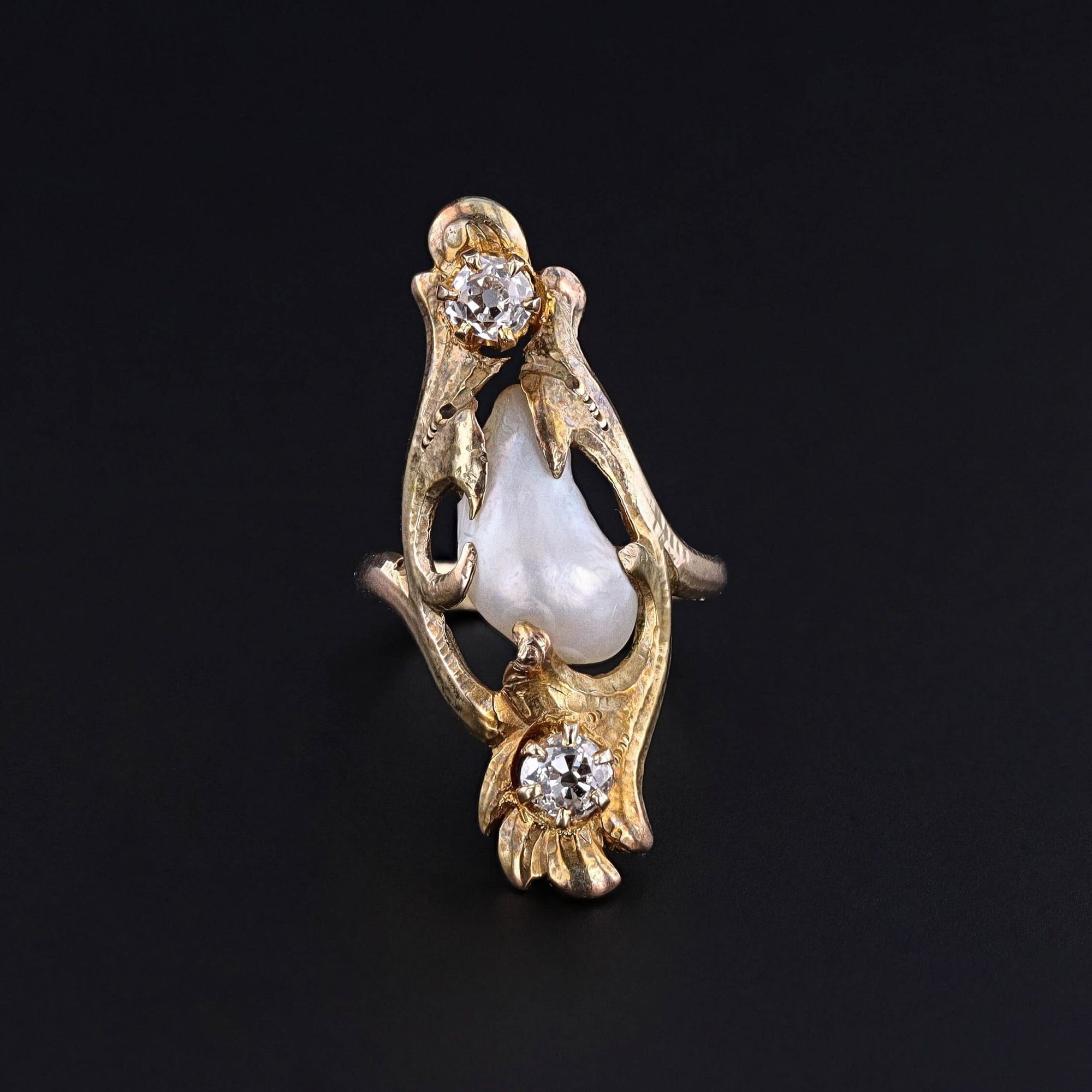 Antique Pearl and Diamond Ring of 10k Gold