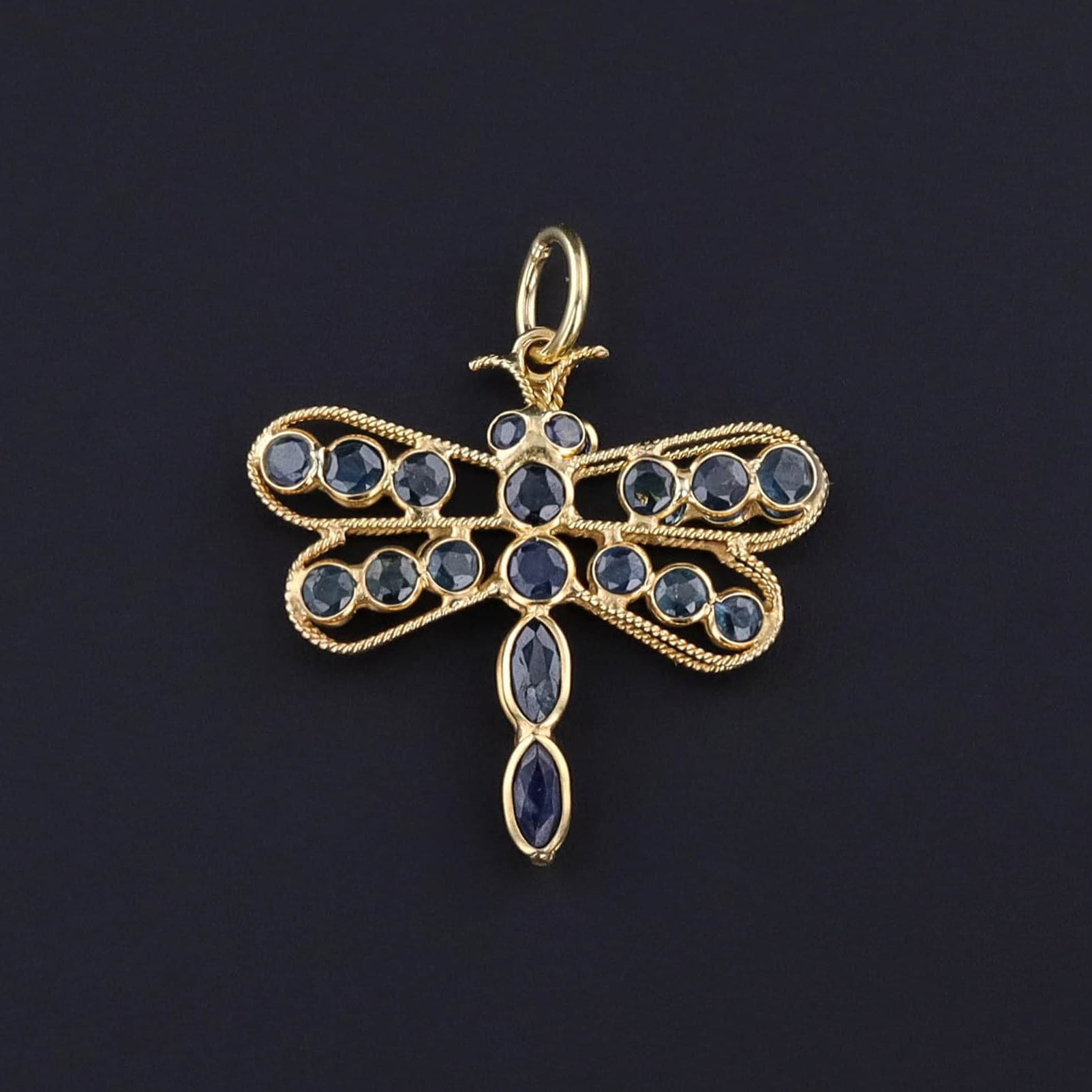 Vintage Sapphire Dragonfly Charm of 18k Gold