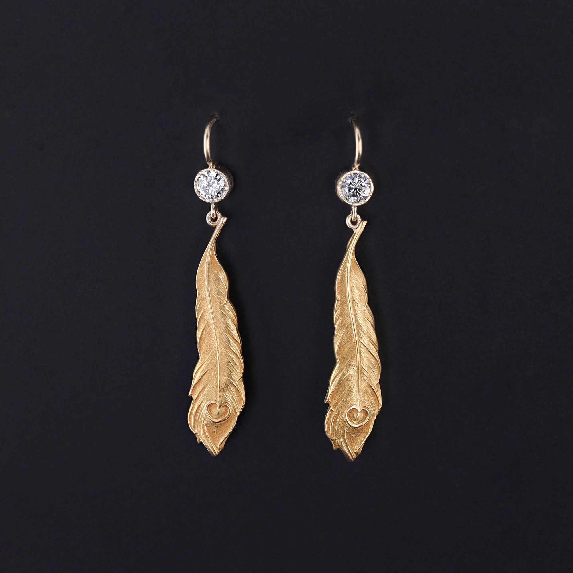Antique Peacock Feather Earrings of 14k Gold