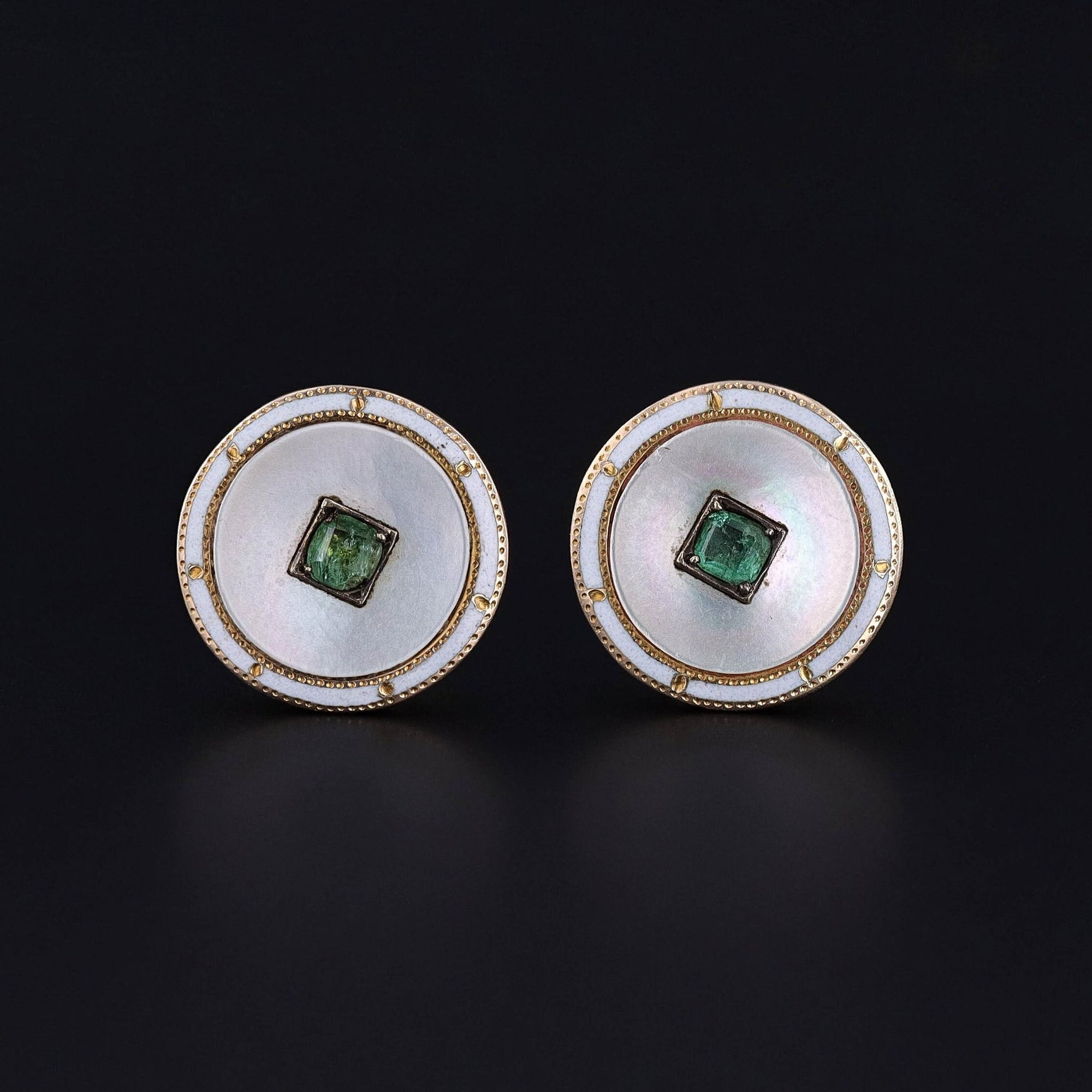 Antique Mother of Pearl, Emerald, & Enamel Earrings