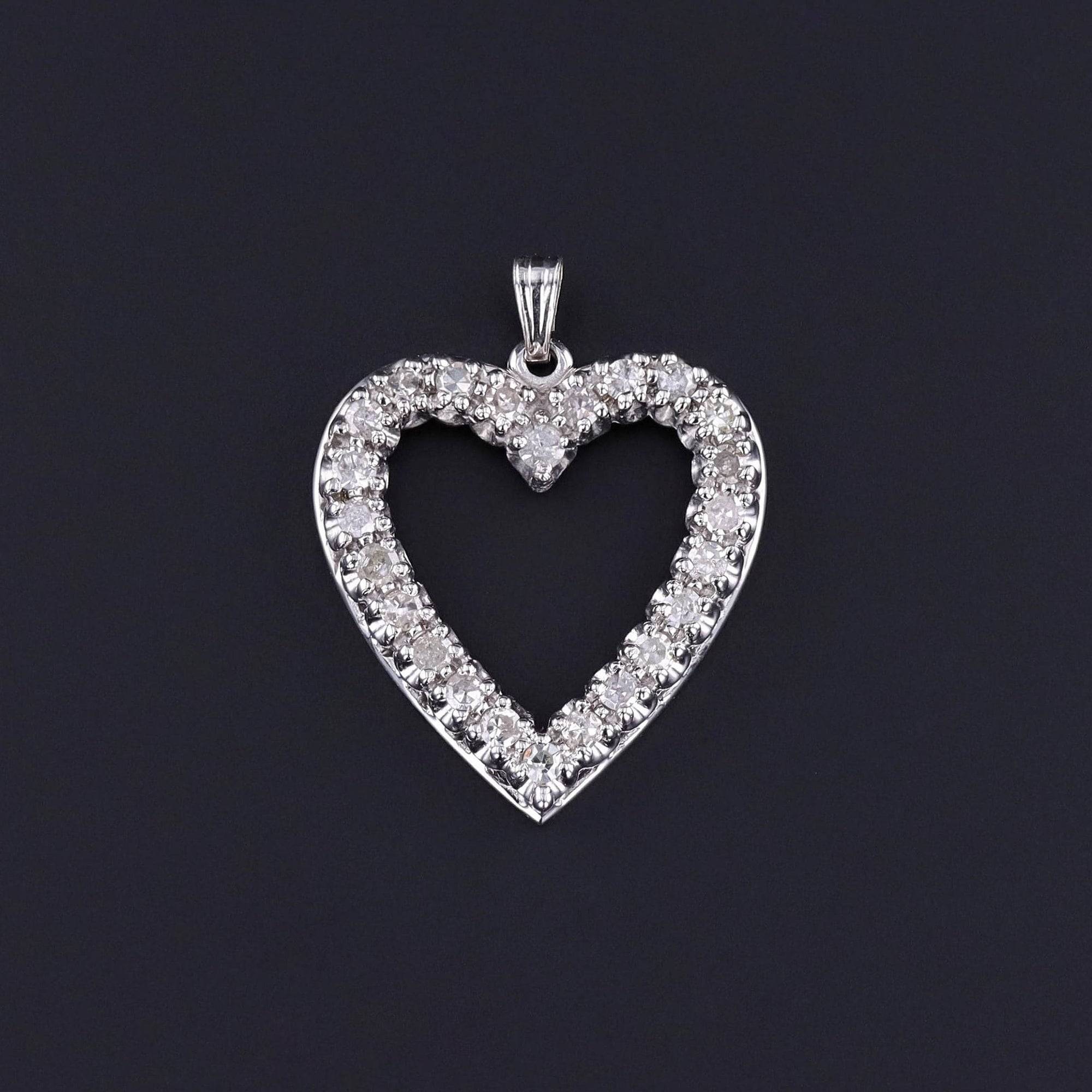 Vintage Diamond Heart Pendant of 14k White Gold