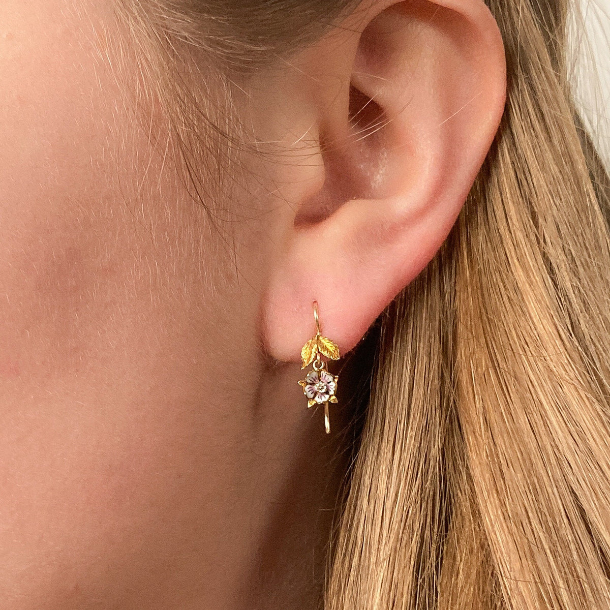 Antique Enamel Flower Earrings of 14k Gold