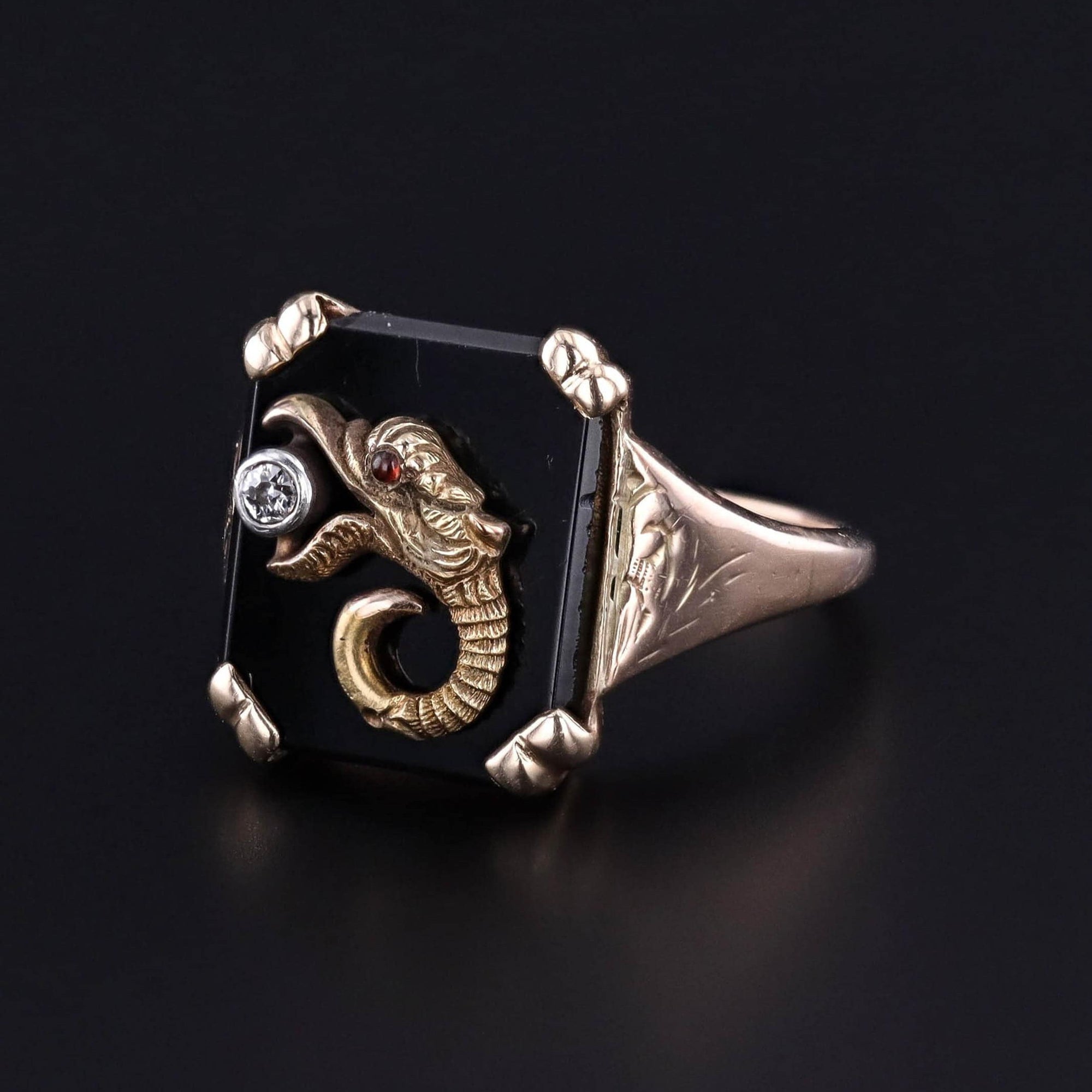Antique Onyx Dragon Ring of 10k Gold