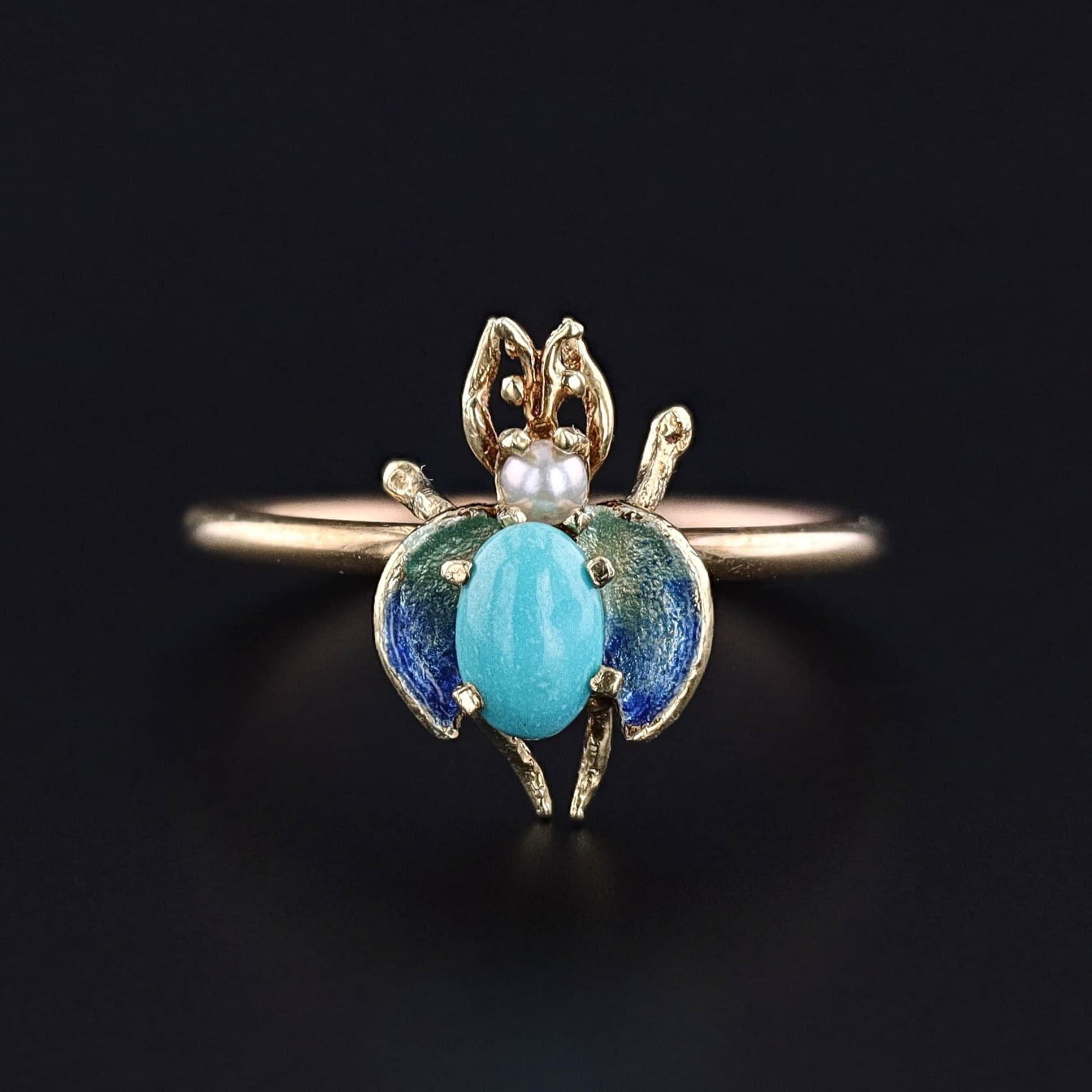 Vintage Turquoise Insect Conversion Ring of 10k Gold