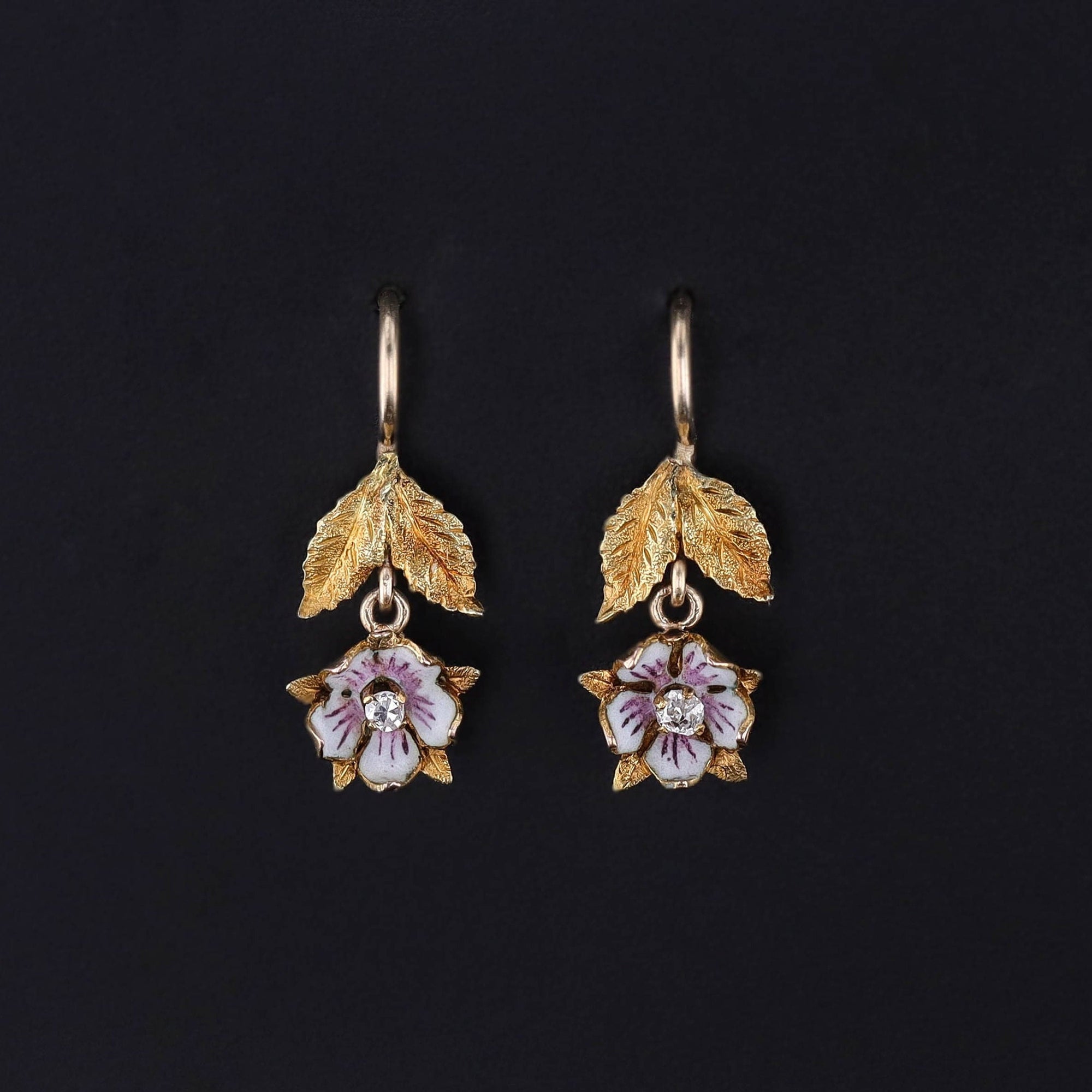 Antique Enamel Flower Earrings of 14k Gold