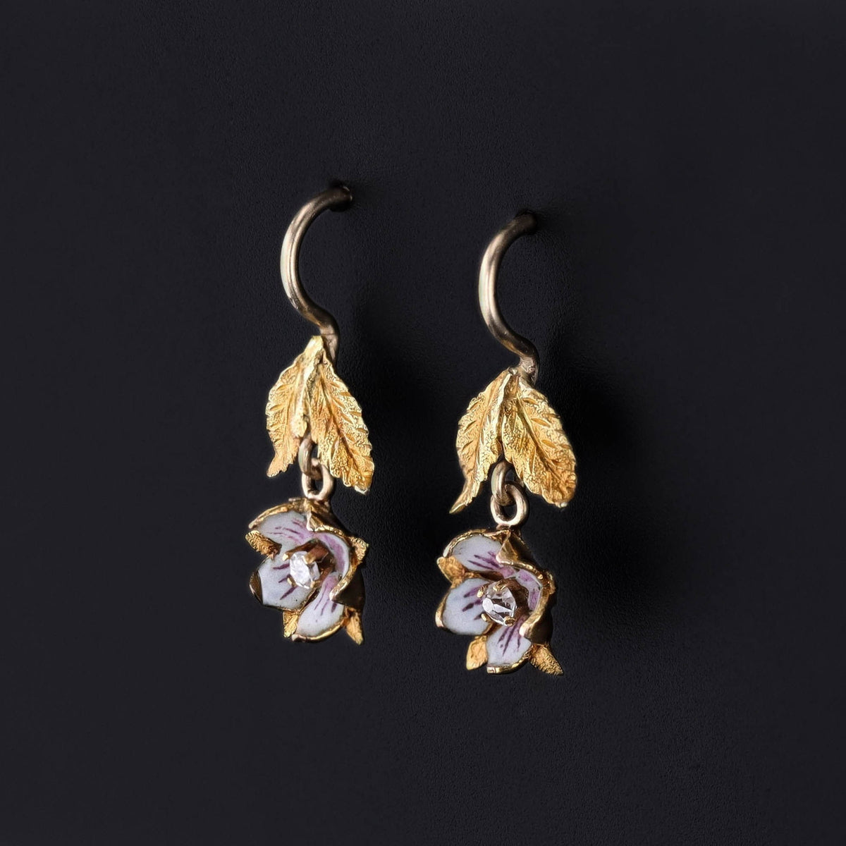 Antique Enamel Flower Earrings of 14k Gold