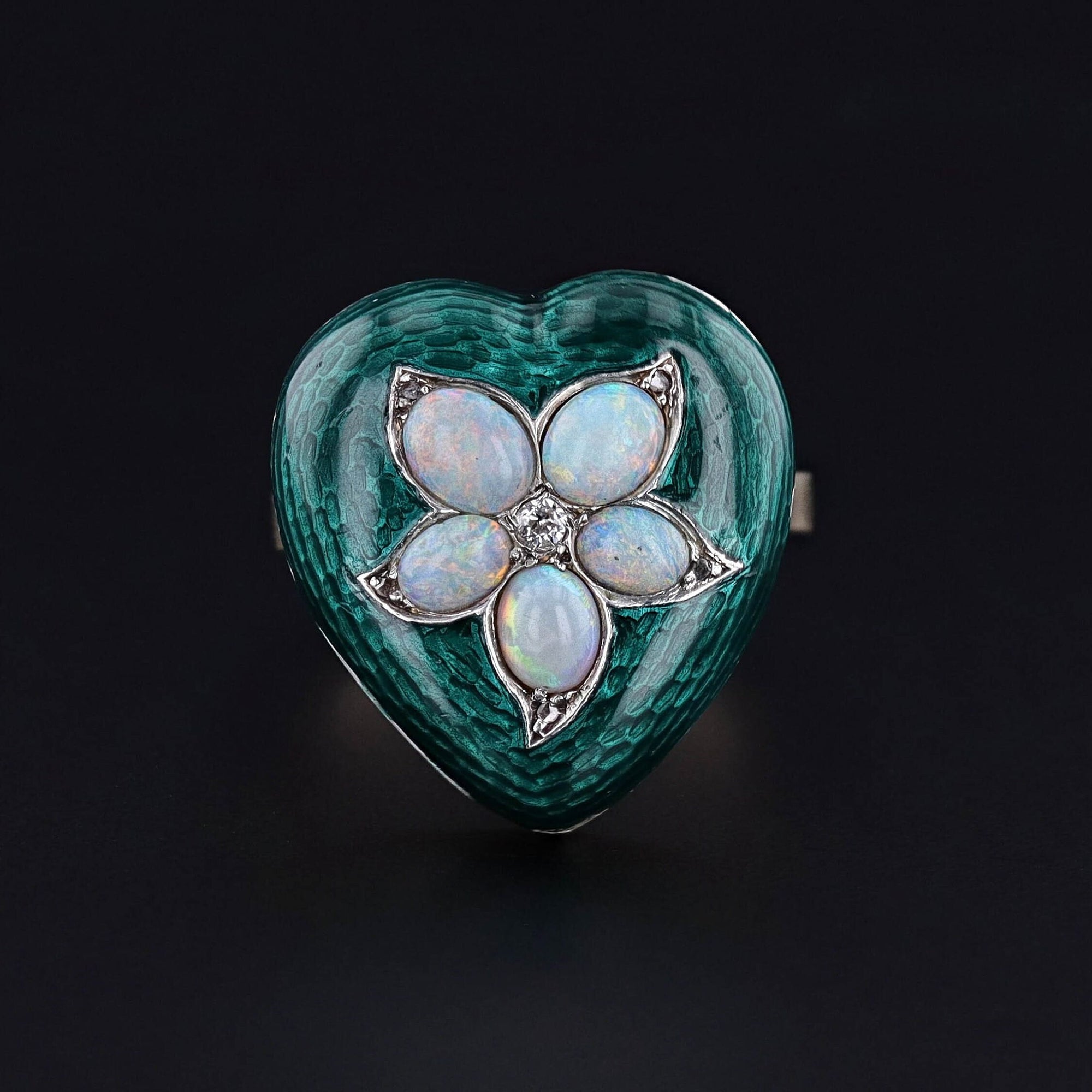 Antique Opal & Enamel Heart Ring of 14k Gold