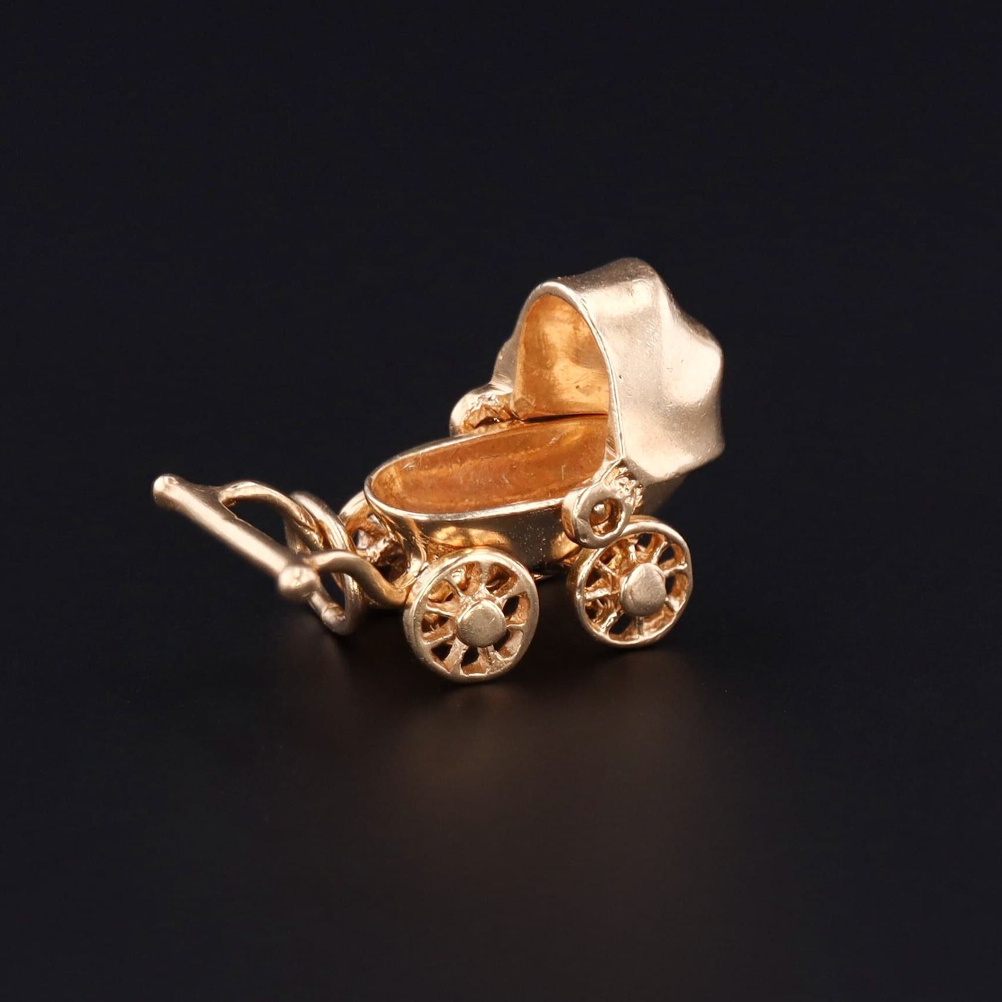 Vintage Baby Carriage or Stroller Charm of 14k Gold