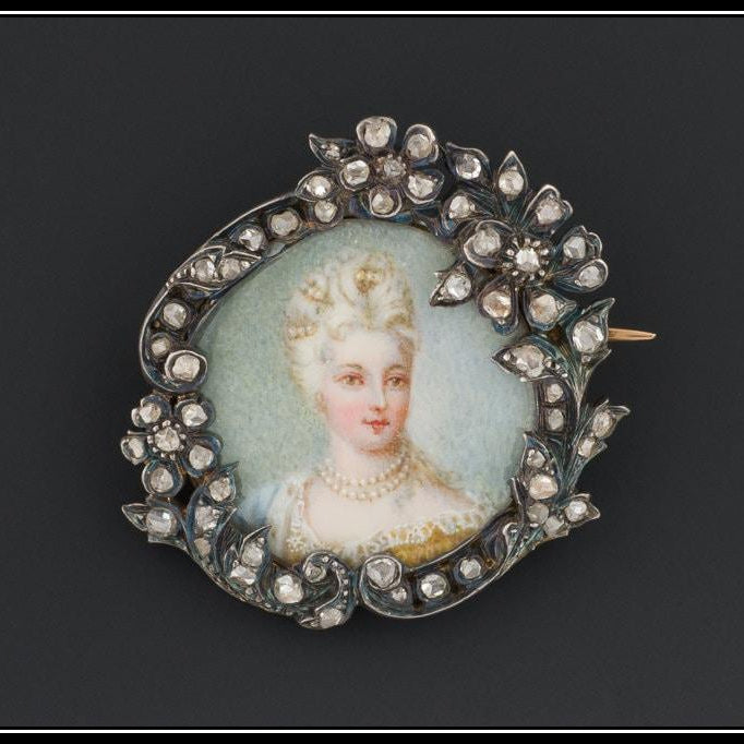 Antique French Portrait Miniature Brooch, Silver Topped 18k Gold & Rose Cut Diamond Pin