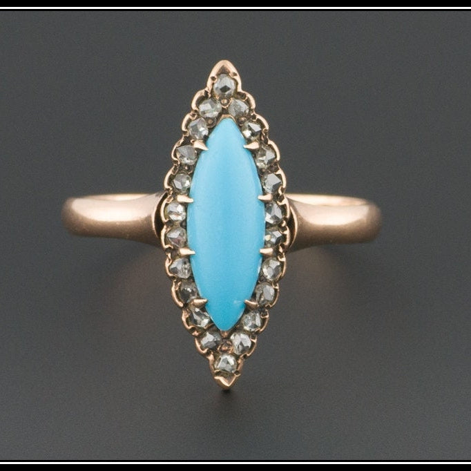 Antique Turquoise Glass & Diamond Ring | Antique 14k Gold Navette Ring 